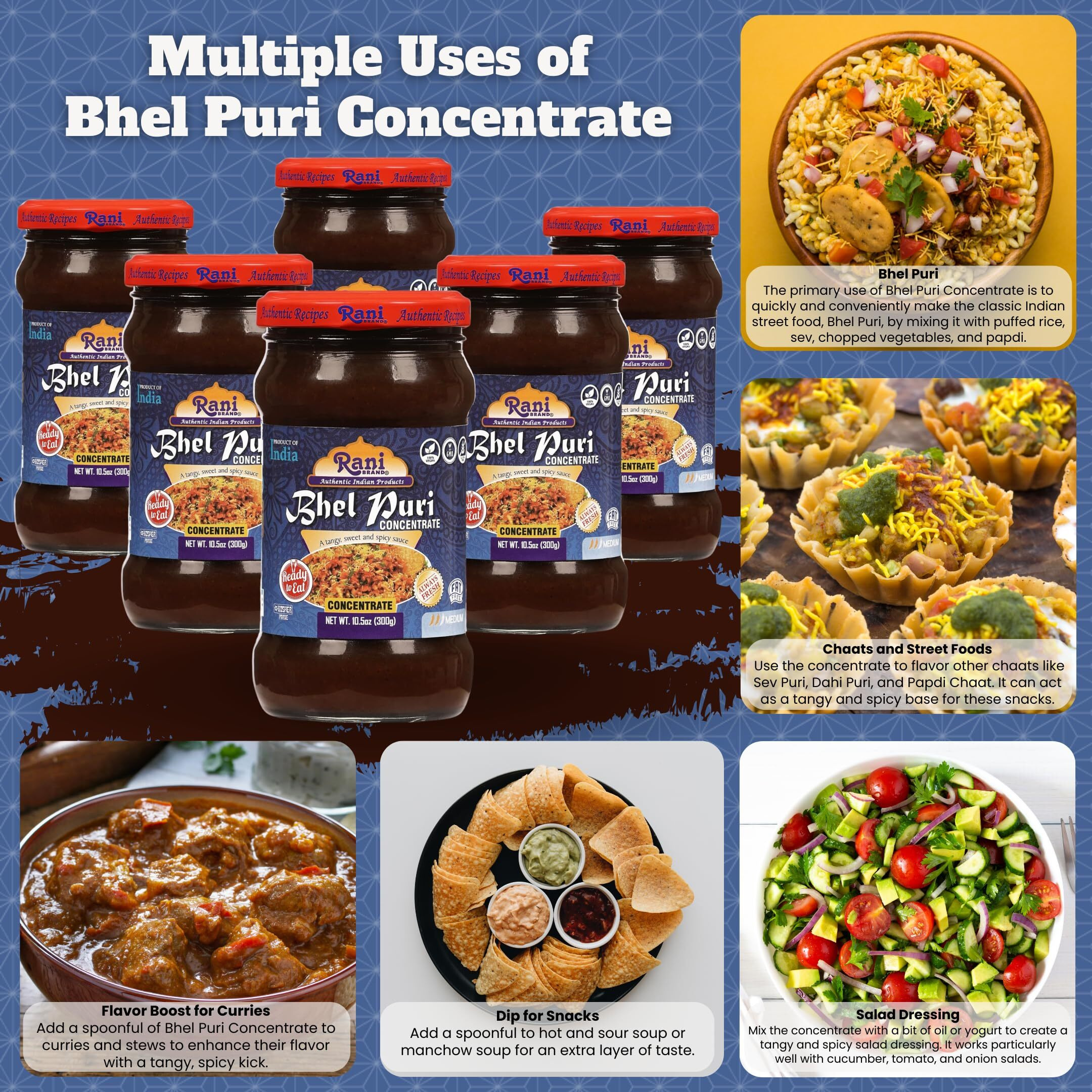 Rani Bhel Puri Concentrate (Sweet & Spicy Sauce) 10.5oz (300g) Glass Jar, Ready to Eat, Pack of 5+1 FREE ~ Vegan, Gluten Free, NON-GMO, Kosher, No Colors, Indian Origin