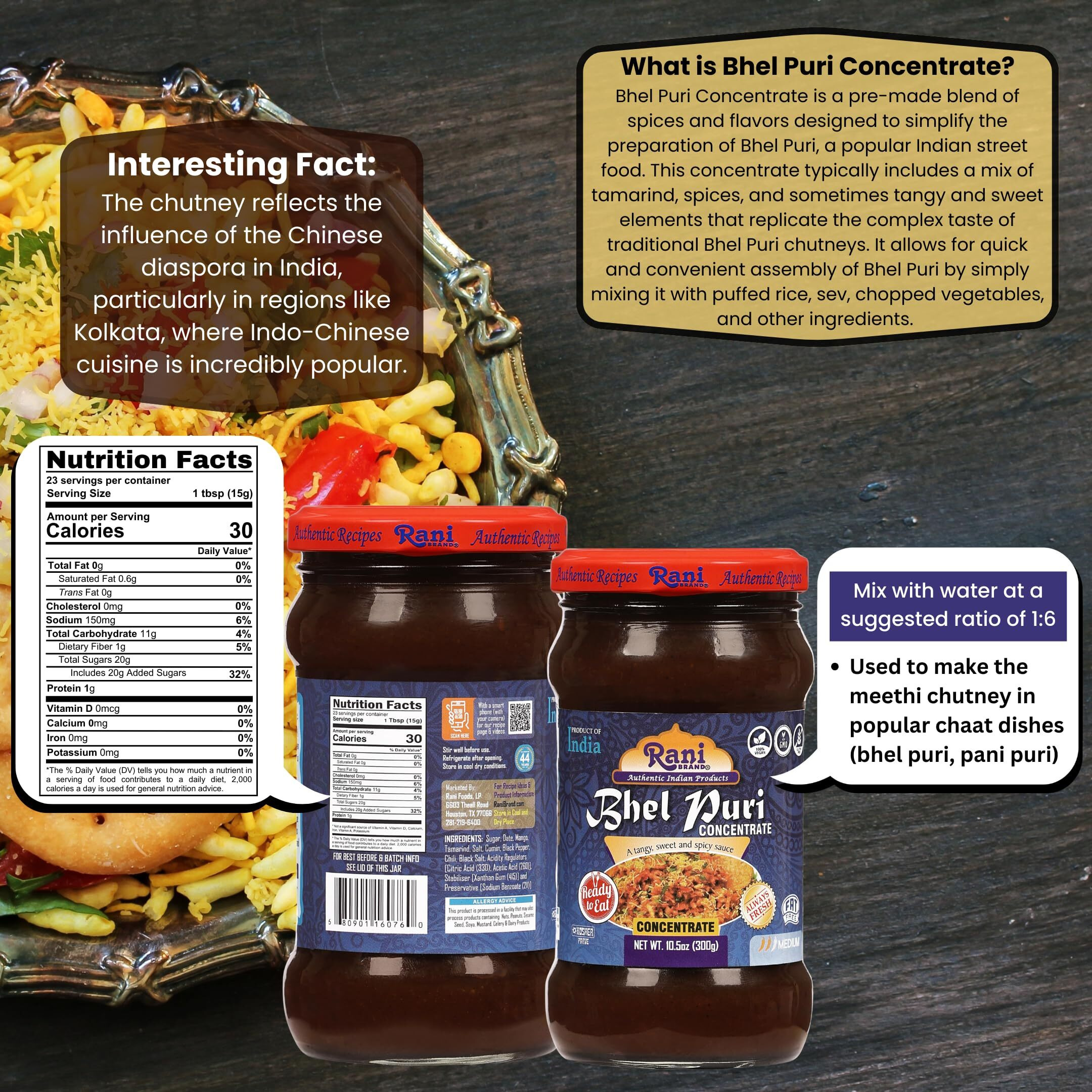 Rani Bhel Puri Concentrate (Sweet & Spicy Sauce) 10.5oz (300g) Glass Jar, Ready to Eat, Pack of 5+1 FREE ~ Vegan, Gluten Free, NON-GMO, Kosher, No Colors, Indian Origin
