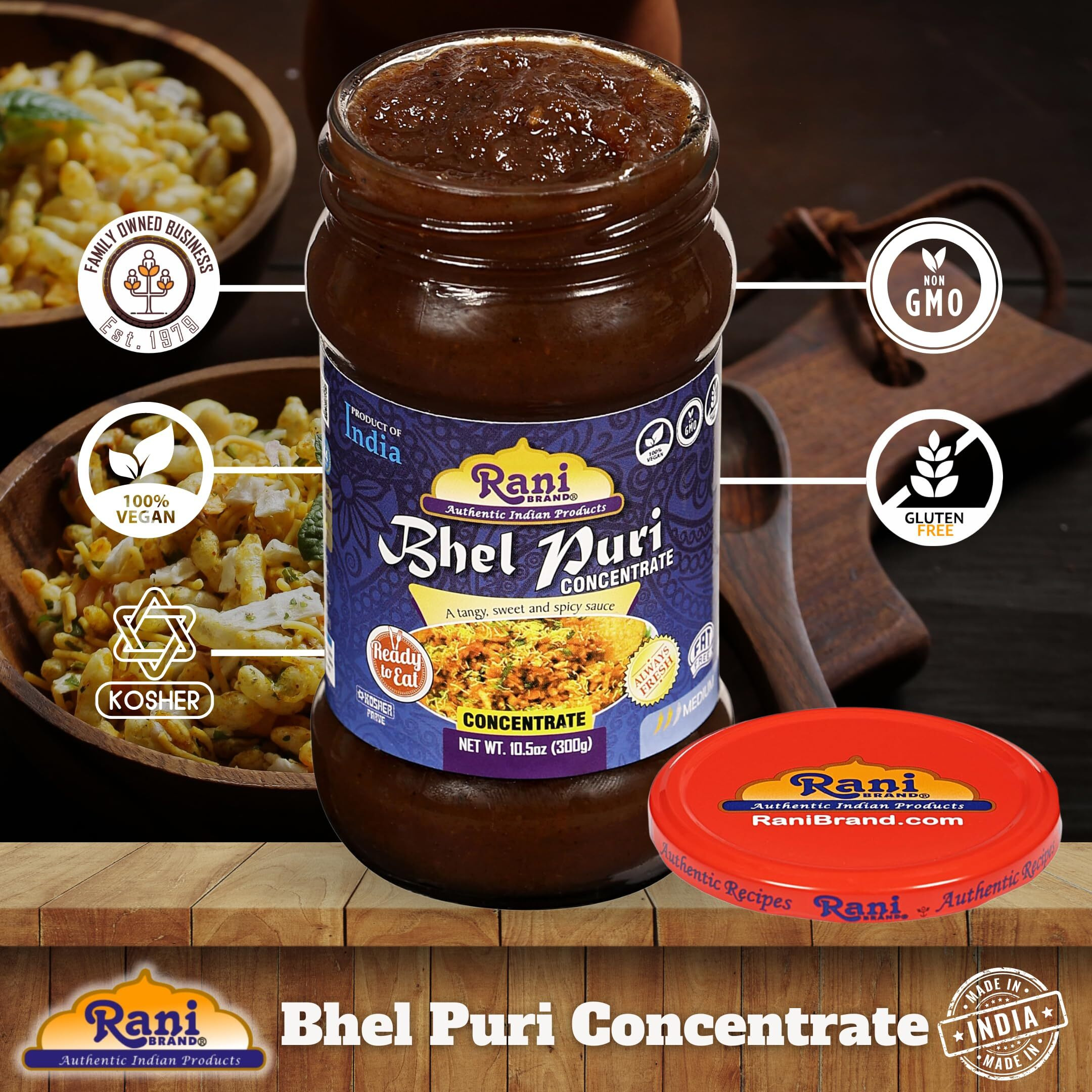 Rani Bhel Puri Concentrate (Sweet & Spicy Sauce) 10.5oz (300g) Glass Jar, Ready to Eat, Pack of 5+1 FREE ~ Vegan, Gluten Free, NON-GMO, Kosher, No Colors, Indian Origin