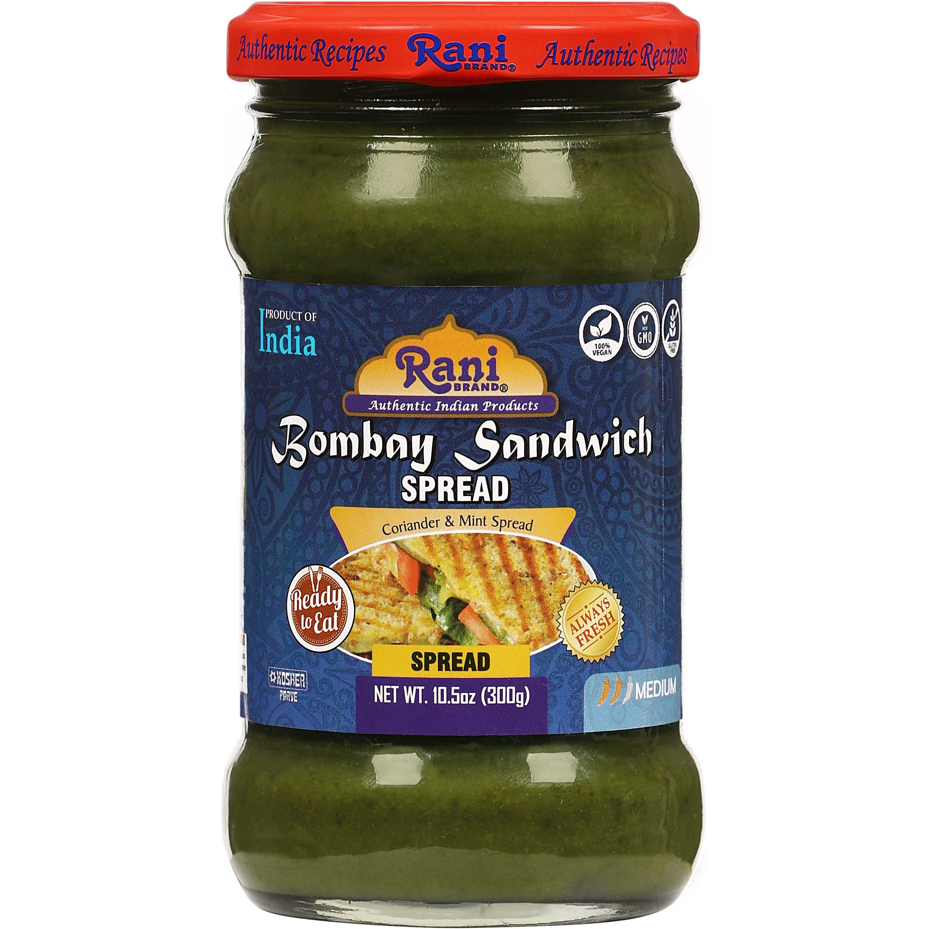 Rani Bombay Sandwich Spread, Mild (Mint & Coriander) 10.5oz (300g) Glass Jar, Ready to Eat ~ Vegan, Gluten Free, NON-GMO, Kosher, Indian Origin