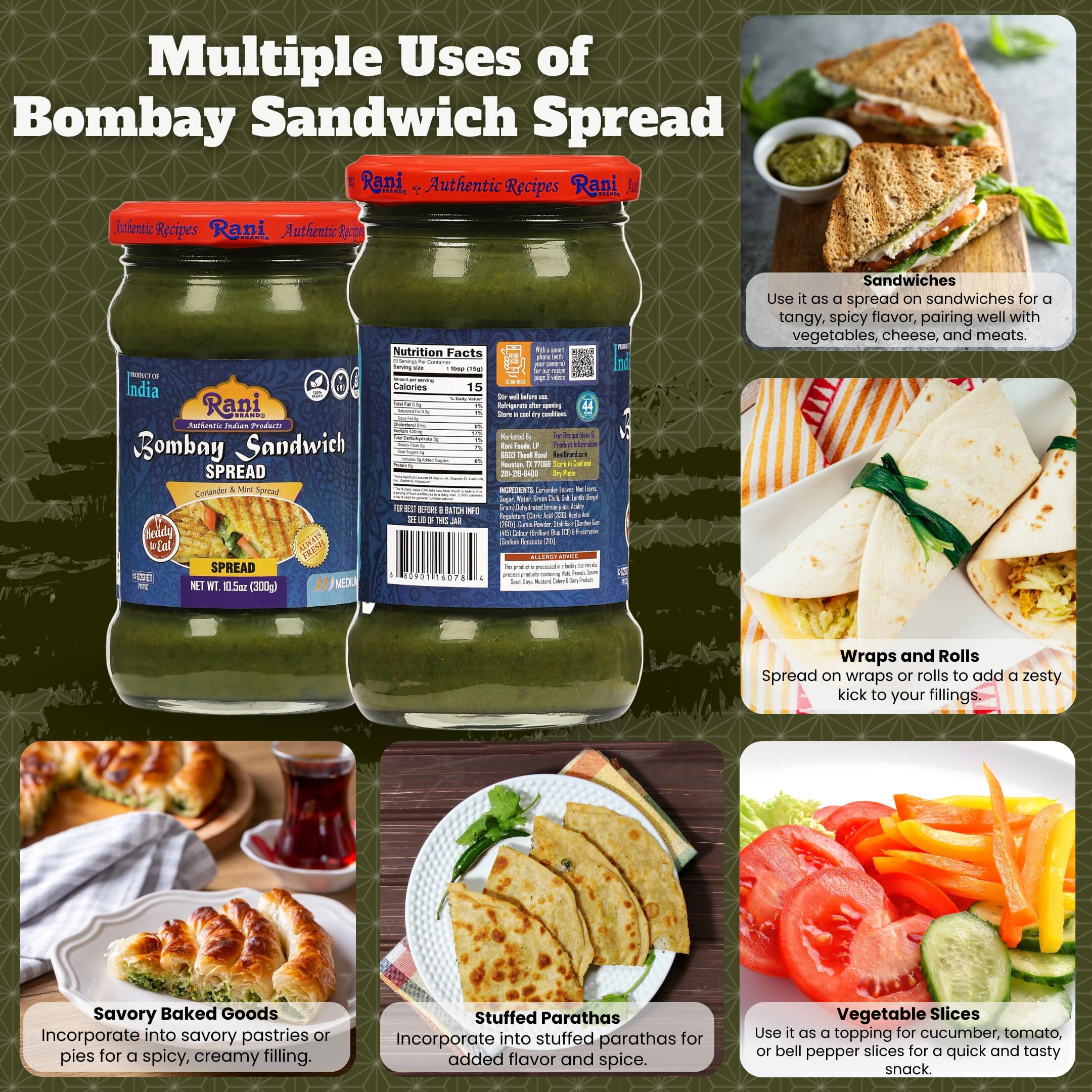 Rani Bombay Sandwich Spread, Mild (Mint & Coriander) 10.5oz (300g) Glass Jar, Ready to Eat ~ Vegan, Gluten Free, NON-GMO, Kosher, Indian Origin