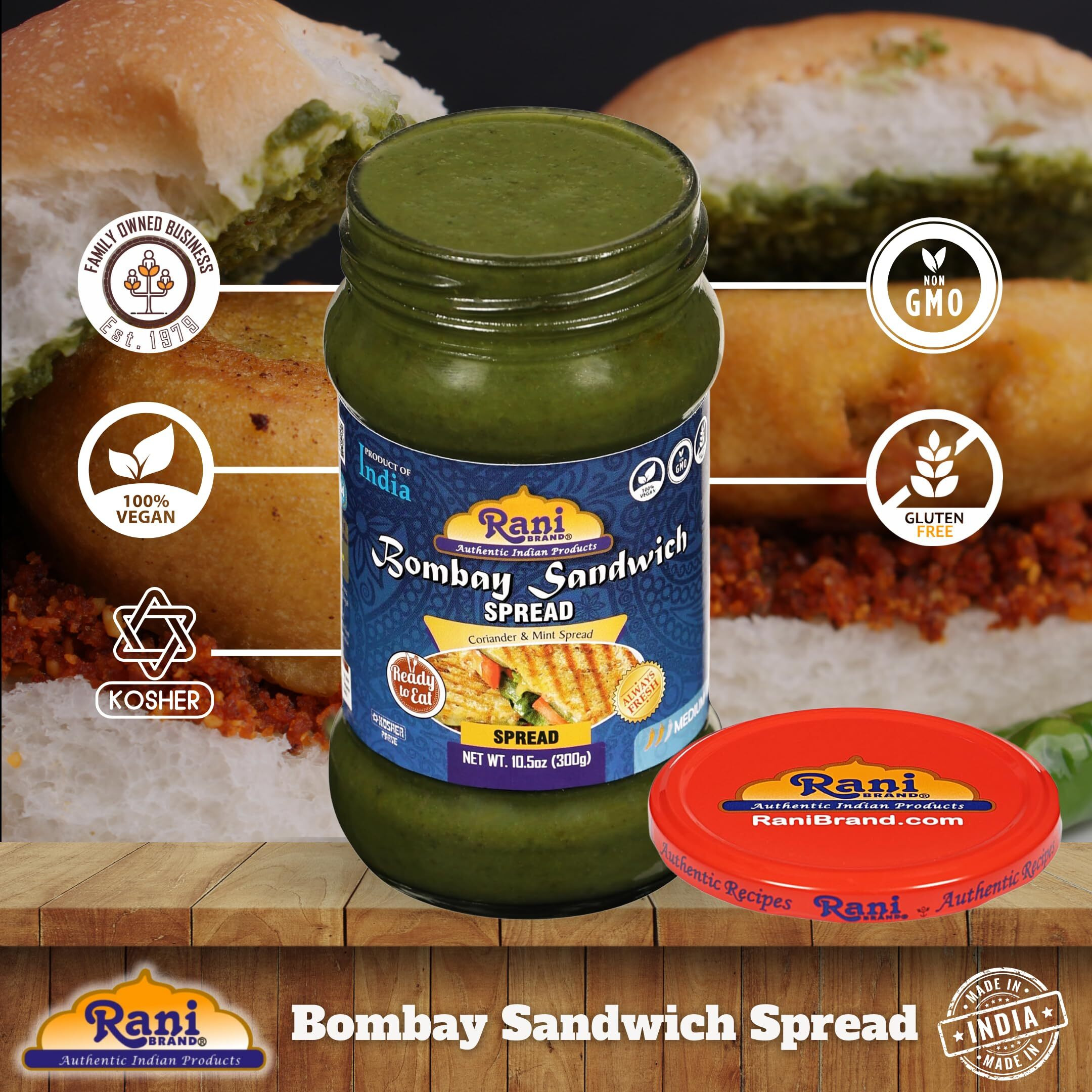 Rani Bombay Sandwich Spread, Mild (Mint & Coriander) 10.5oz (300g) Glass Jar, Ready to Eat ~ Vegan, Gluten Free, NON-GMO, Kosher, Indian Origin