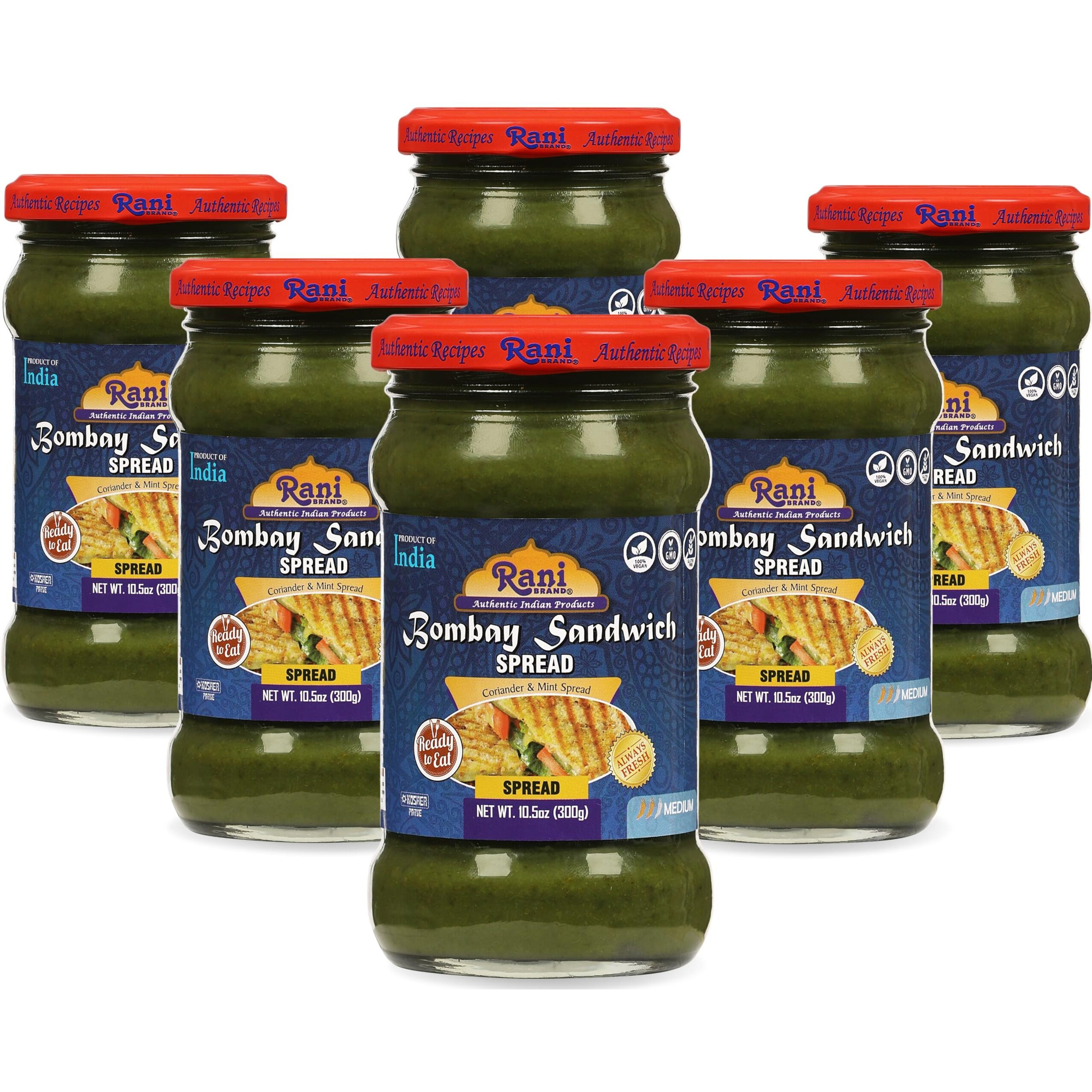 Rani Bombay Sandwich Spread, Mild (Mint & Coriander) 10.5oz (300g) Glass Jar, Ready to Eat, Pack of 5+1 FREE ~ Vegan, Gluten Free, NON-GMO, Kosher, Indian Origin