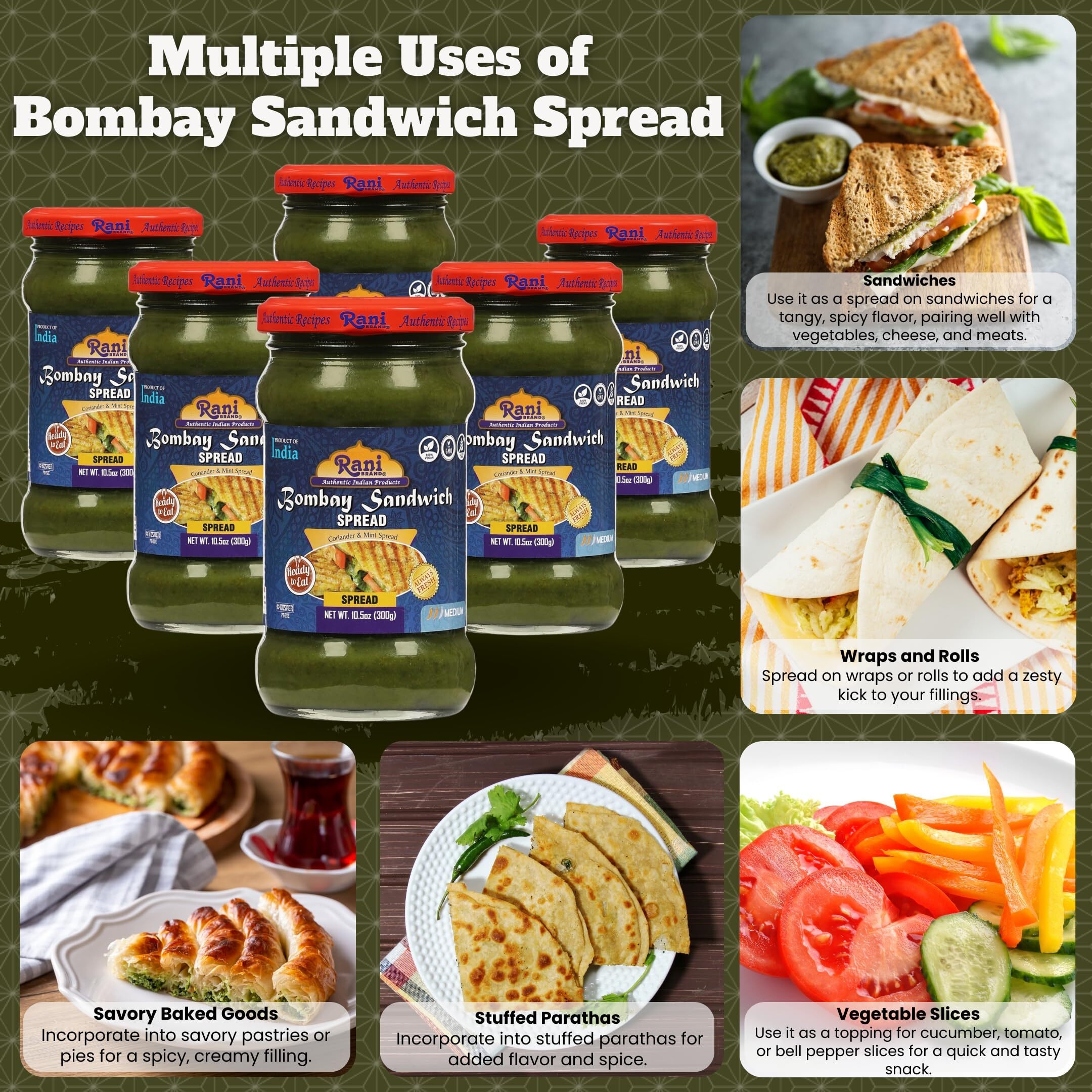 Rani Bombay Sandwich Spread, Mild (Mint & Coriander) 10.5oz (300g) Glass Jar, Ready to Eat, Pack of 5+1 FREE ~ Vegan, Gluten Free, NON-GMO, Kosher, Indian Origin