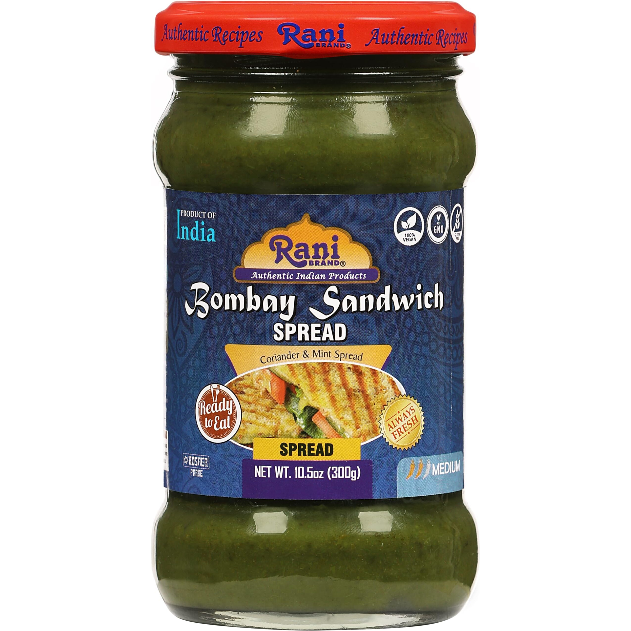 Rani Bombay Sandwich Spread, Mild (Mint & Coriander) 10.5oz (300g) Glass Jar, Ready to Eat, Pack of 5+1 FREE ~ Vegan, Gluten Free, NON-GMO, Kosher, Indian Origin