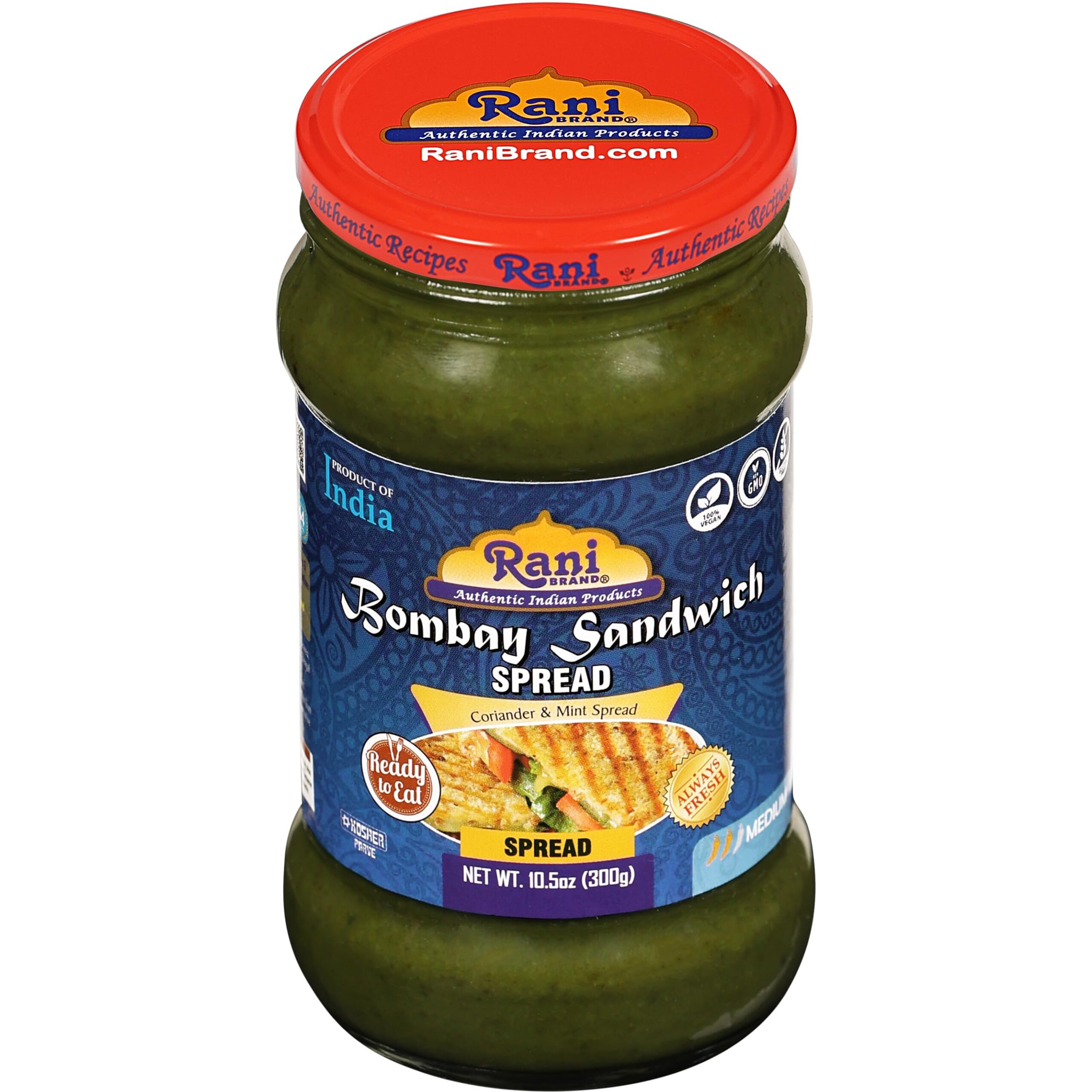 Rani Bombay Sandwich Spread, Mild (Mint & Coriander) 10.5oz (300g) Glass Jar, Ready to Eat, Pack of 5+1 FREE ~ Vegan, Gluten Free, NON-GMO, Kosher, Indian Origin