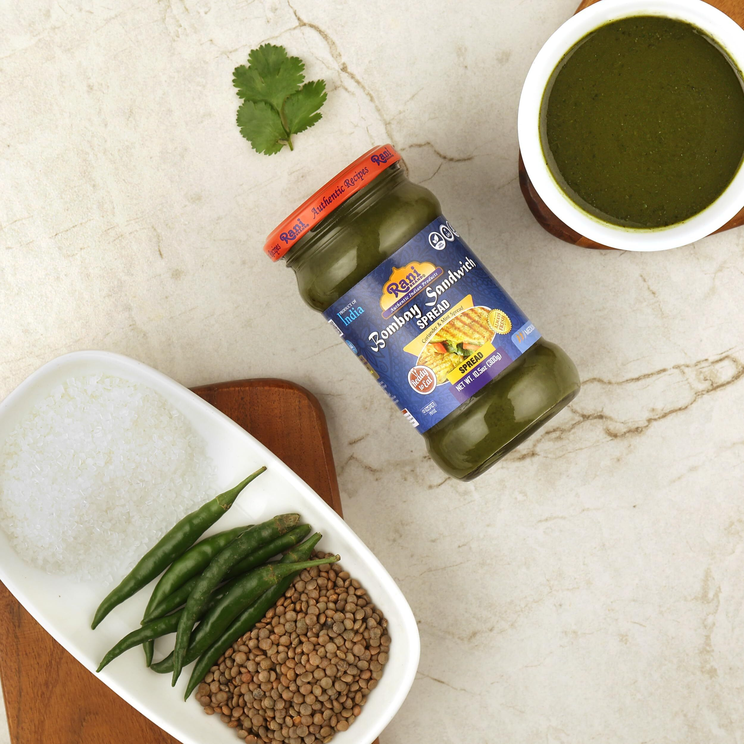 Rani Bombay Sandwich Spread, Mild (Mint & Coriander) 10.5oz (300g) Glass Jar, Ready to Eat, Pack of 5+1 FREE ~ Vegan, Gluten Free, NON-GMO, Kosher, Indian Origin