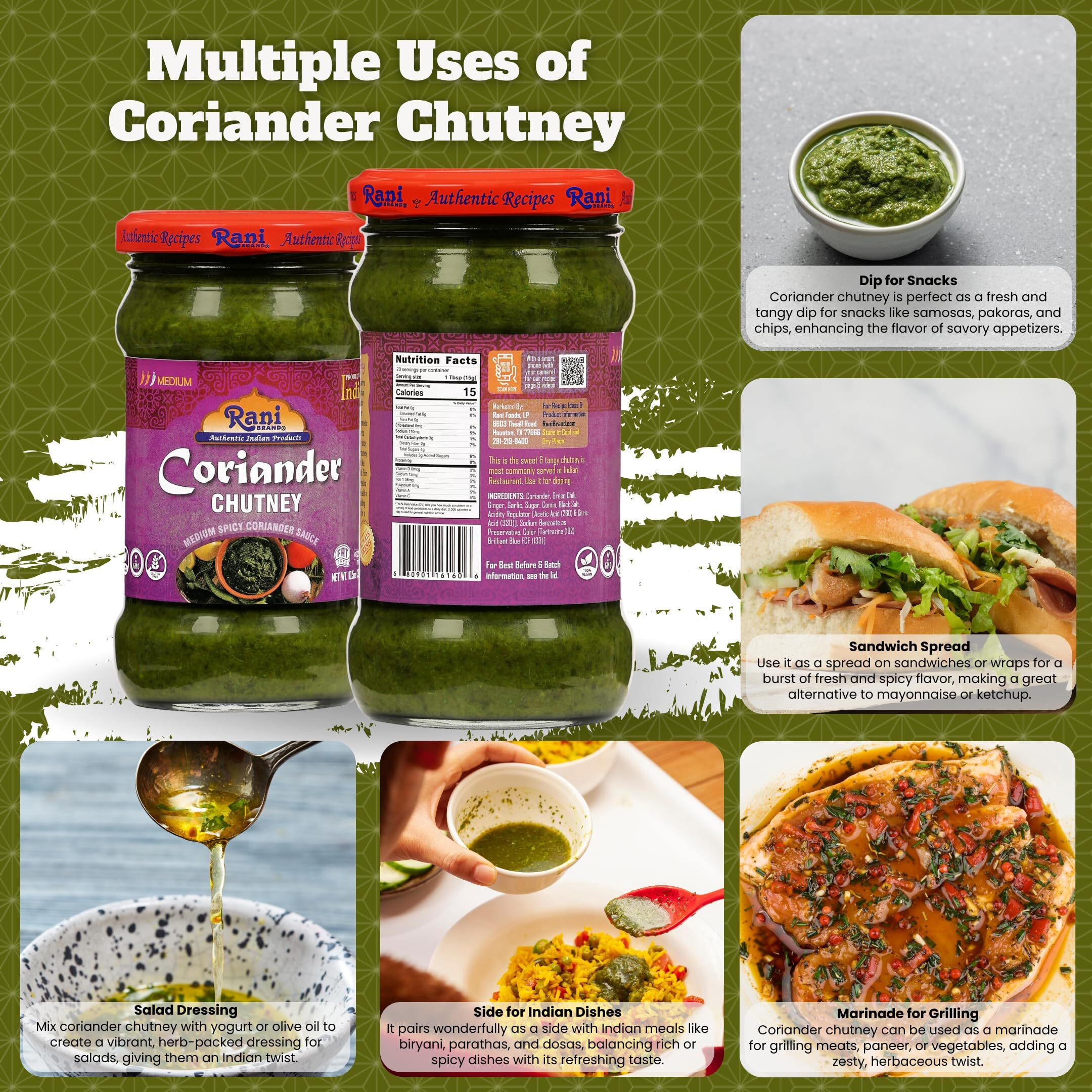 Rani Coriander Chutney 10.5oz (300g) Glass Jar, Ready to Eat ~ Vegan | Gluten Free | NON-GMO | Kosher | No Colors | Indian Origin