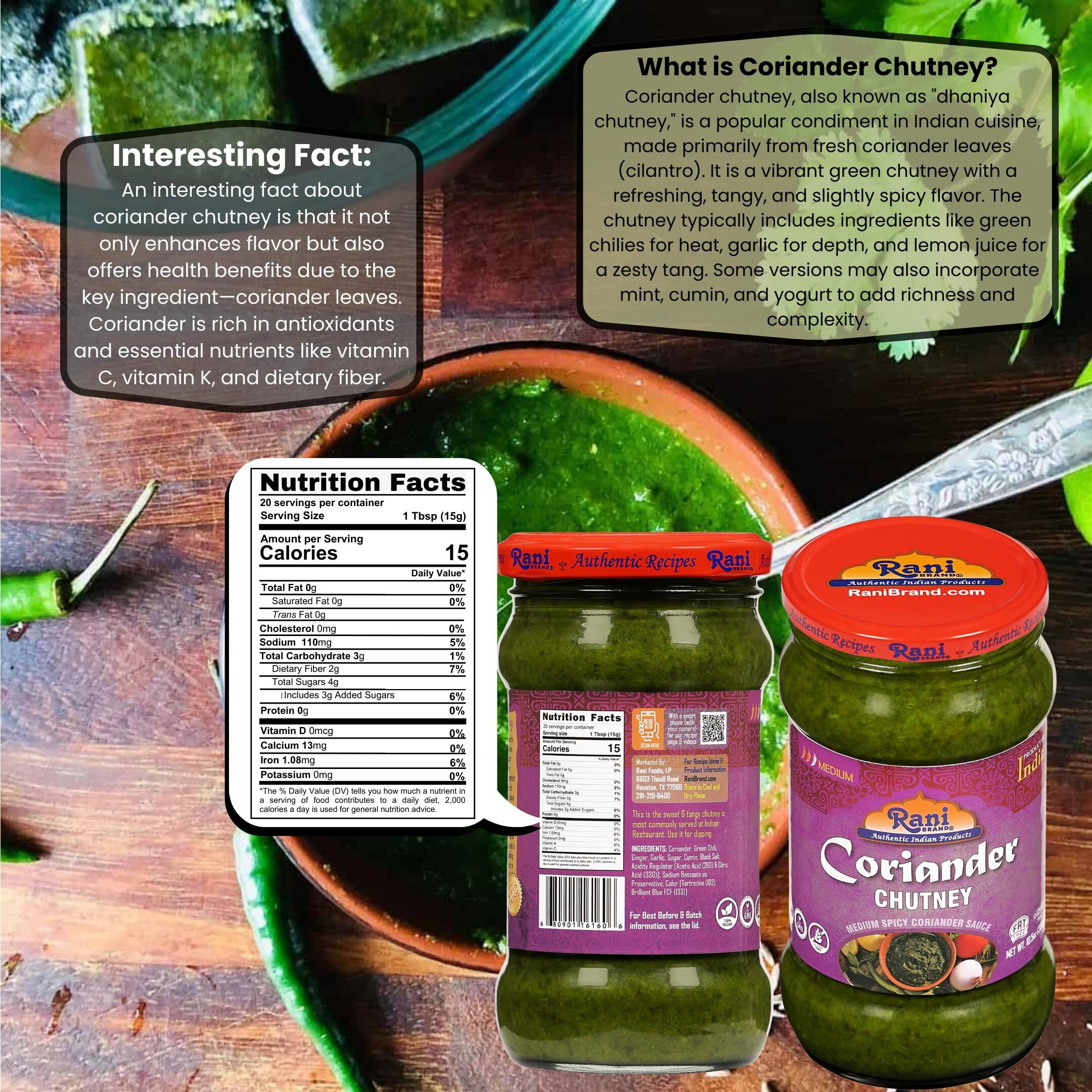 Rani Coriander Chutney 10.5oz (300g) Glass Jar, Ready to Eat ~ Vegan | Gluten Free | NON-GMO | Kosher | No Colors | Indian Origin