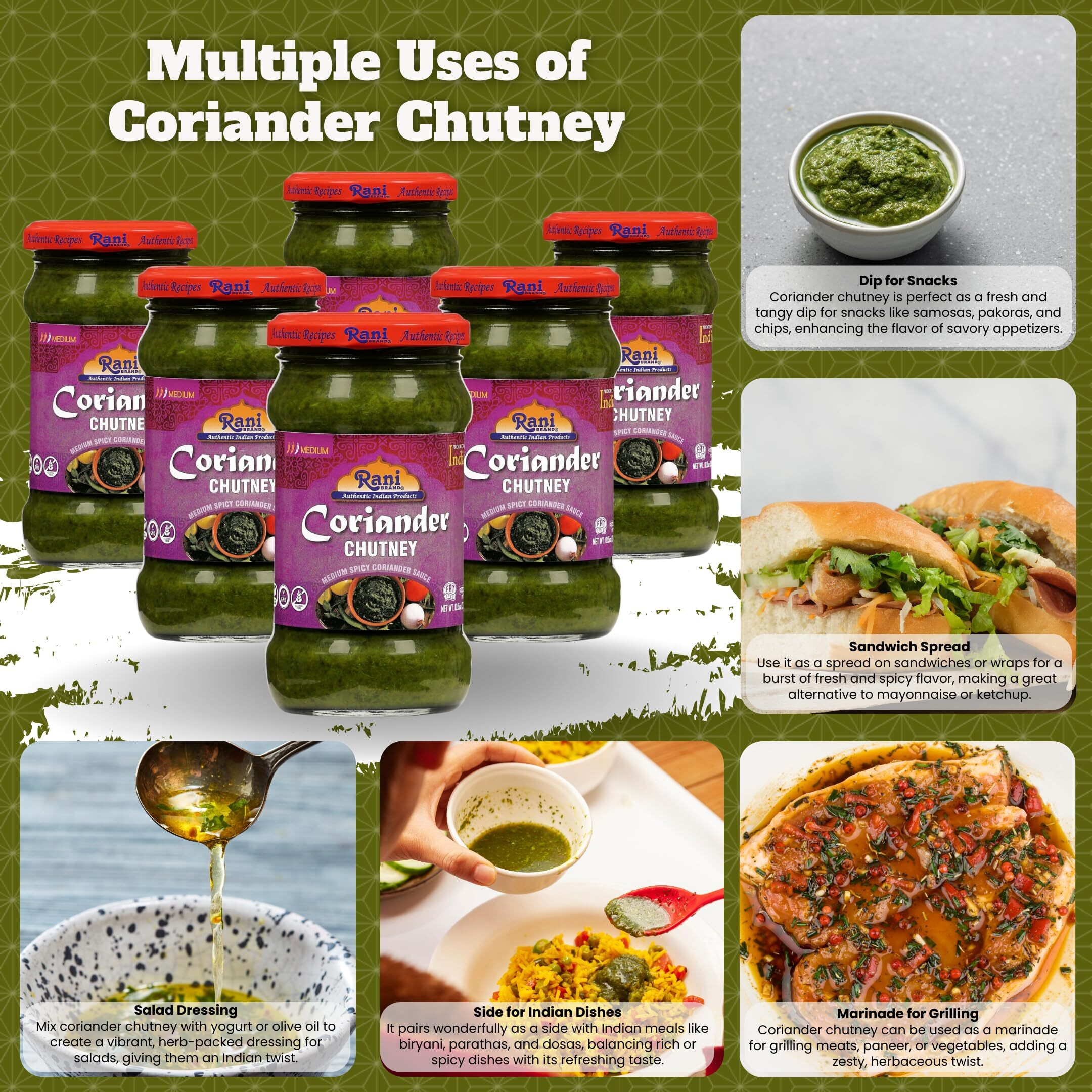 Rani Coriander Chutney 10.5oz (300g) Glass Jar, Ready to Eat, Pack of 5+1 FREE ~ Vegan, Gluten Free, NON-GMO, Kosher, No Colors, Indian Origin