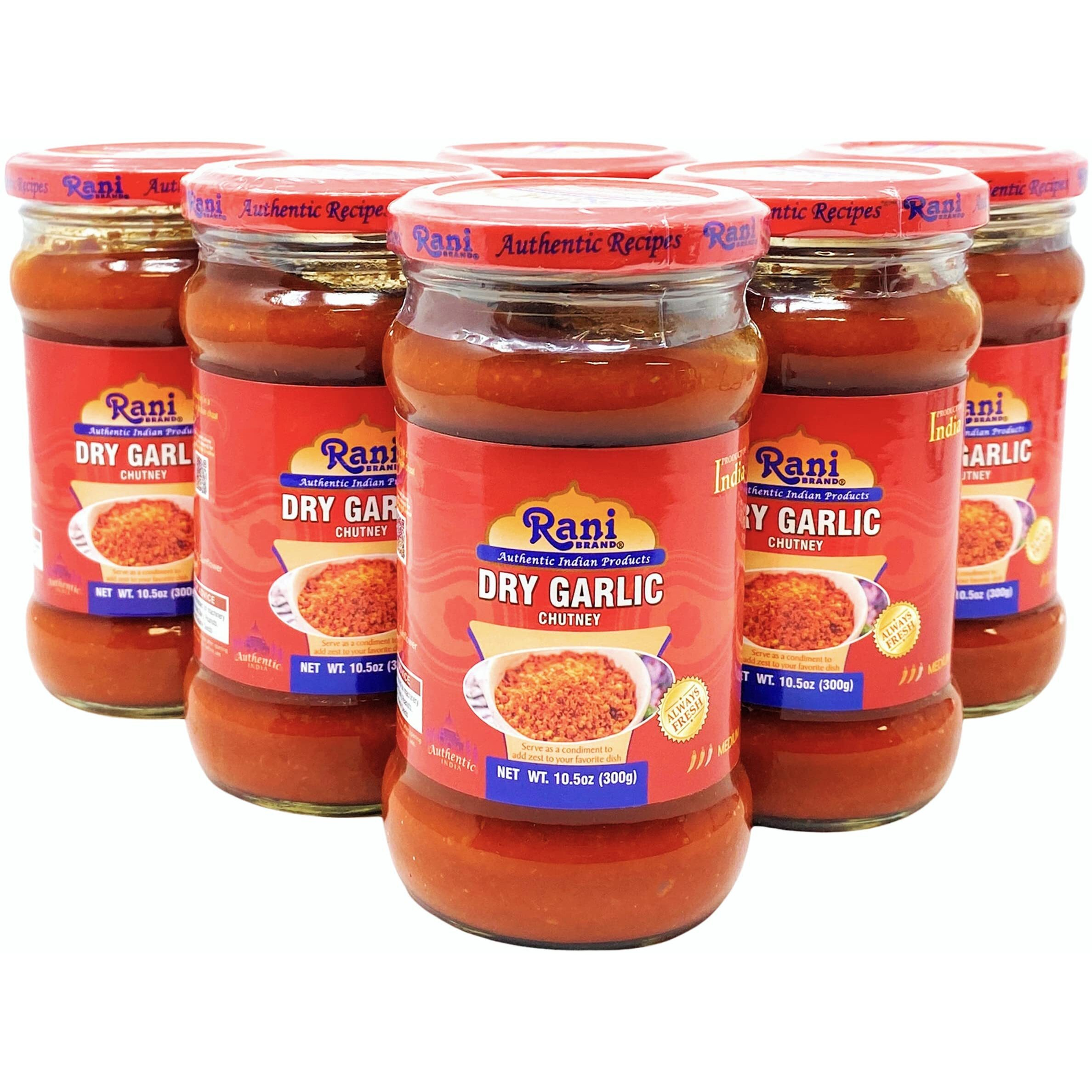 Rani Garlic Chutney 10.5oz (300g) Glass Jar, Ready to Eat, Pack of 5+1 FREE ~ All Natural, No Preservatives, Vegan, Gluten Free, NON-GMO, No Colors, Indian Origin