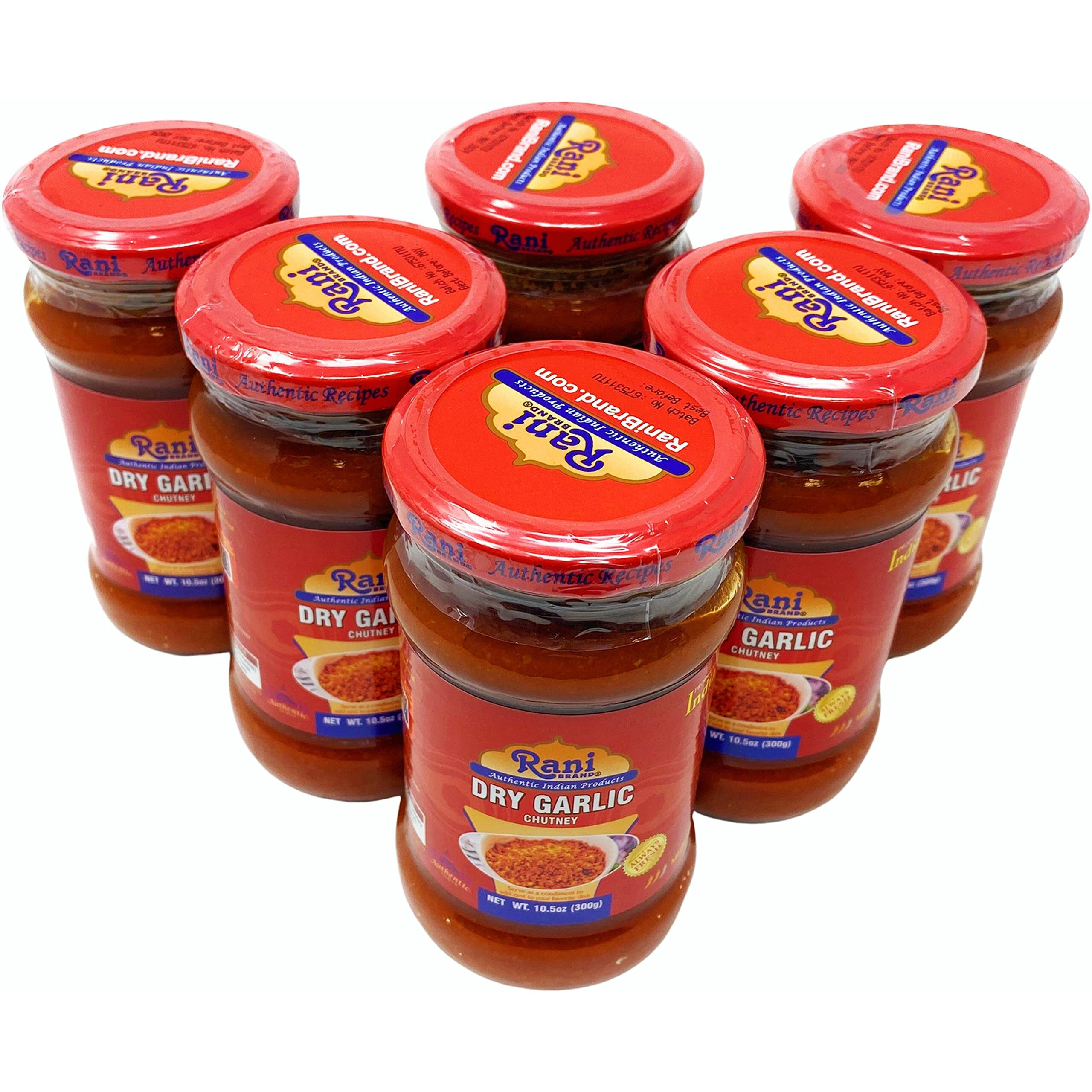 Rani Garlic Chutney 10.5oz (300g) Glass Jar, Ready to Eat, Pack of 5+1 FREE ~ All Natural, No Preservatives, Vegan, Gluten Free, NON-GMO, No Colors, Indian Origin