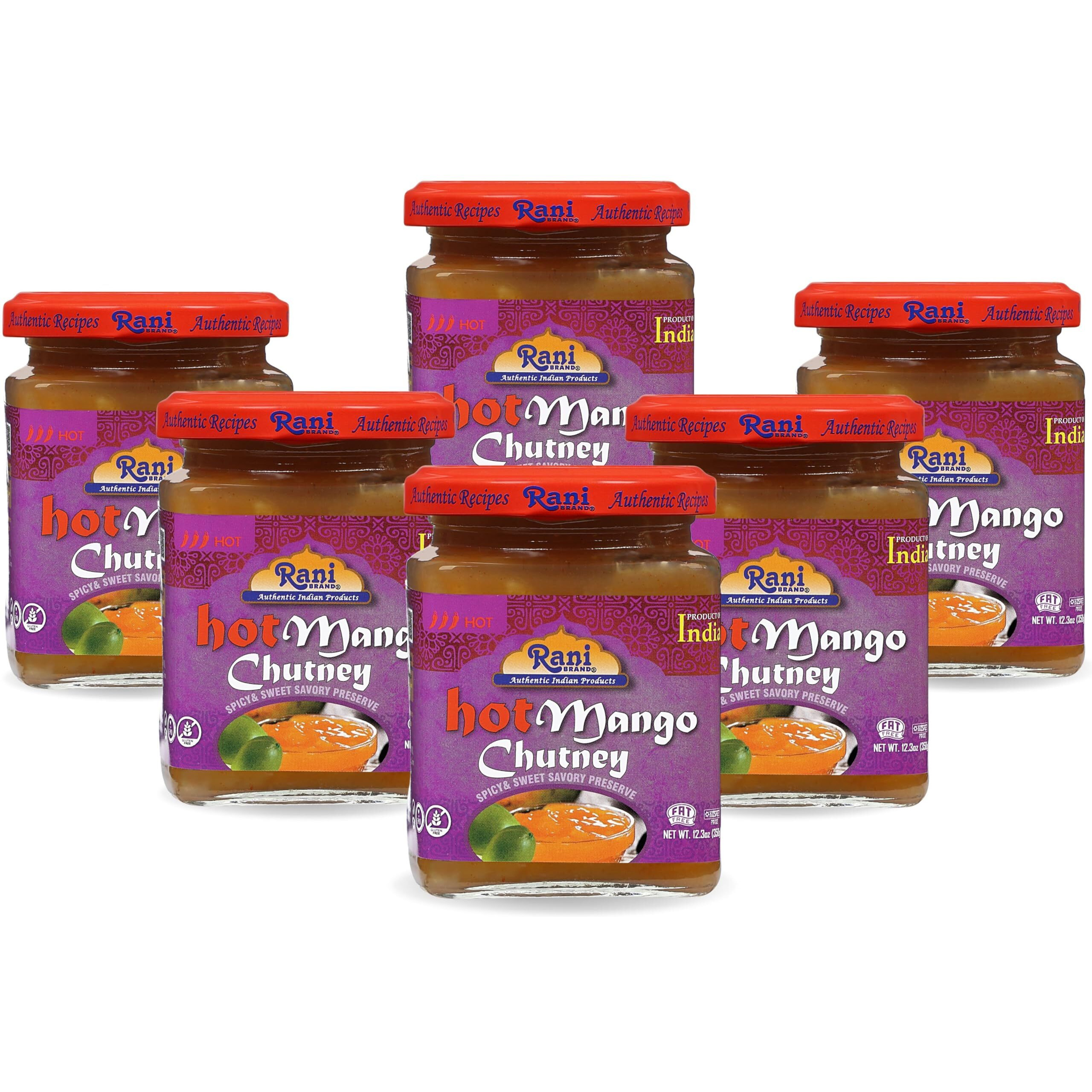 Rani Hot Mango Chutney (Spicy Indian Preserve) 12.5oz (350g) Glass Jar, Ready to eat, Vegan, Pack of 5+1 FREE ~ Gluten Free, All Natural, NON-GMO