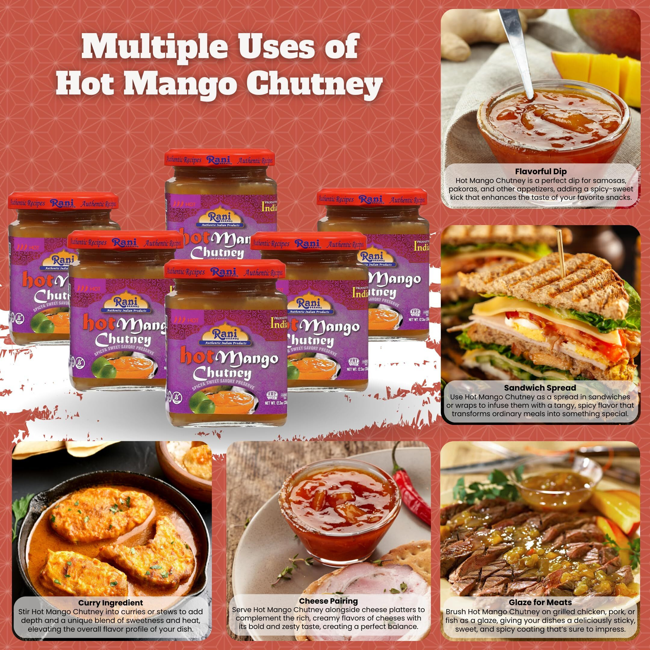 Rani Hot Mango Chutney (Spicy Indian Preserve) 12.5oz (350g) Glass Jar, Ready to eat, Vegan, Pack of 5+1 FREE ~ Gluten Free, All Natural, NON-GMO