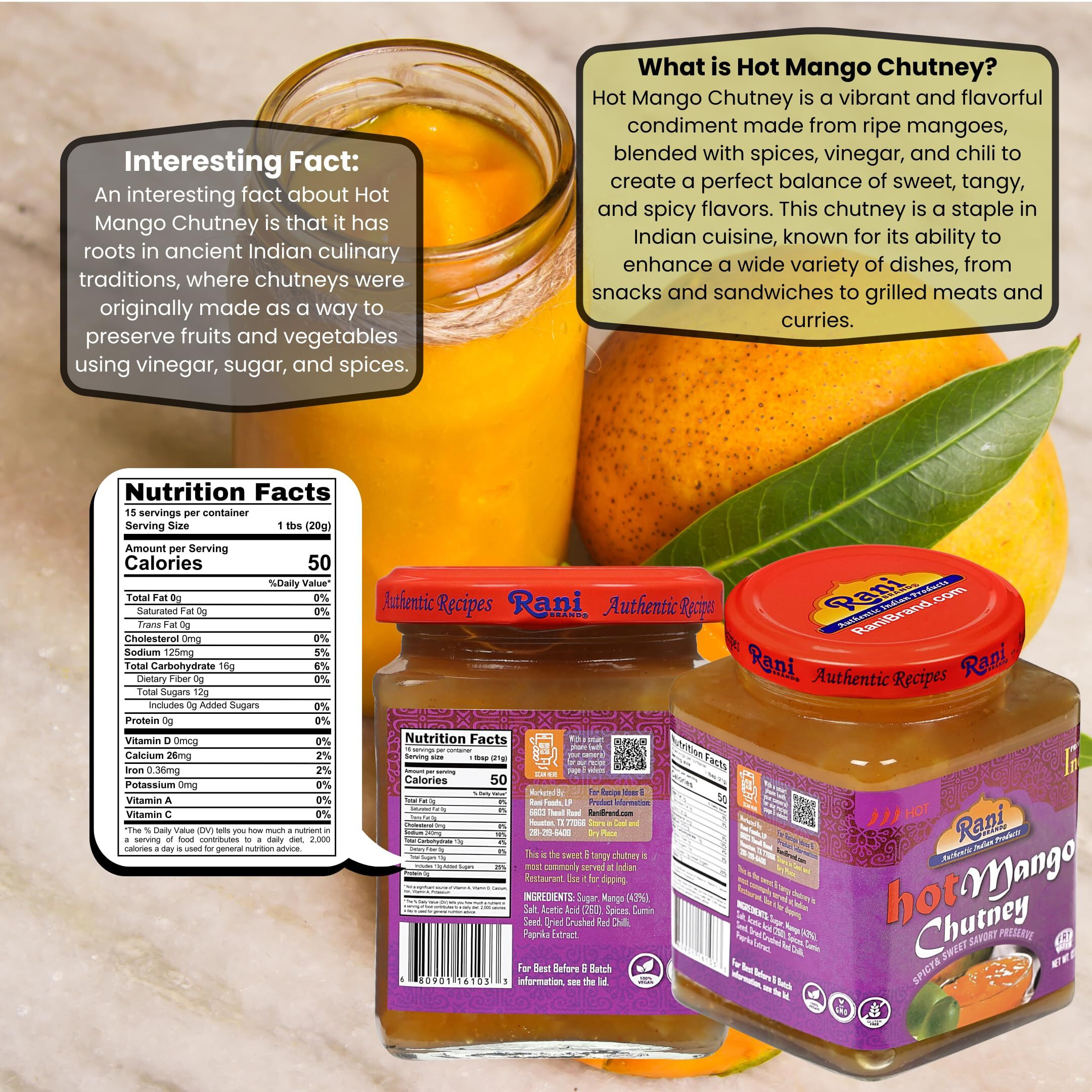 Rani Hot Mango Chutney (Spicy Indian Preserve) 12.5oz (350g) Glass Jar, Ready to eat, Vegan, Pack of 5+1 FREE ~ Gluten Free, All Natural, NON-GMO