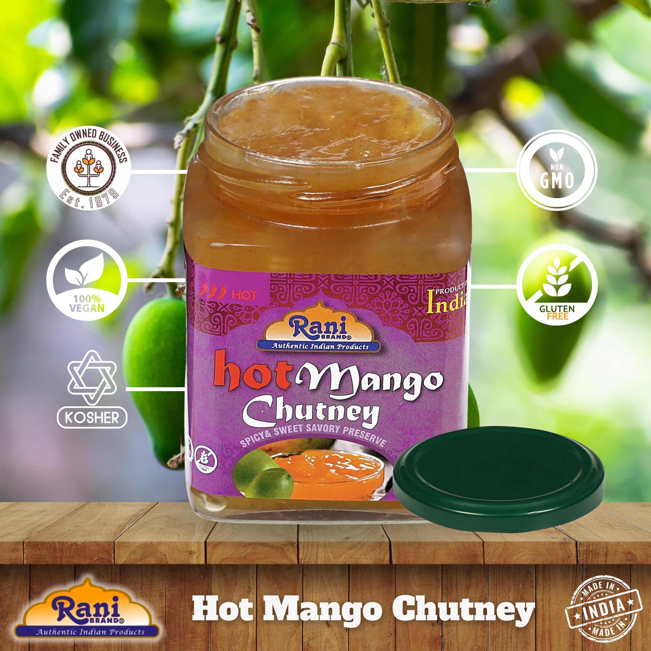 Rani Hot Mango Chutney (Spicy Indian Preserve) 12.5oz (350g) Glass Jar, Ready to eat, Vegan, Pack of 5+1 FREE ~ Gluten Free, All Natural, NON-GMO