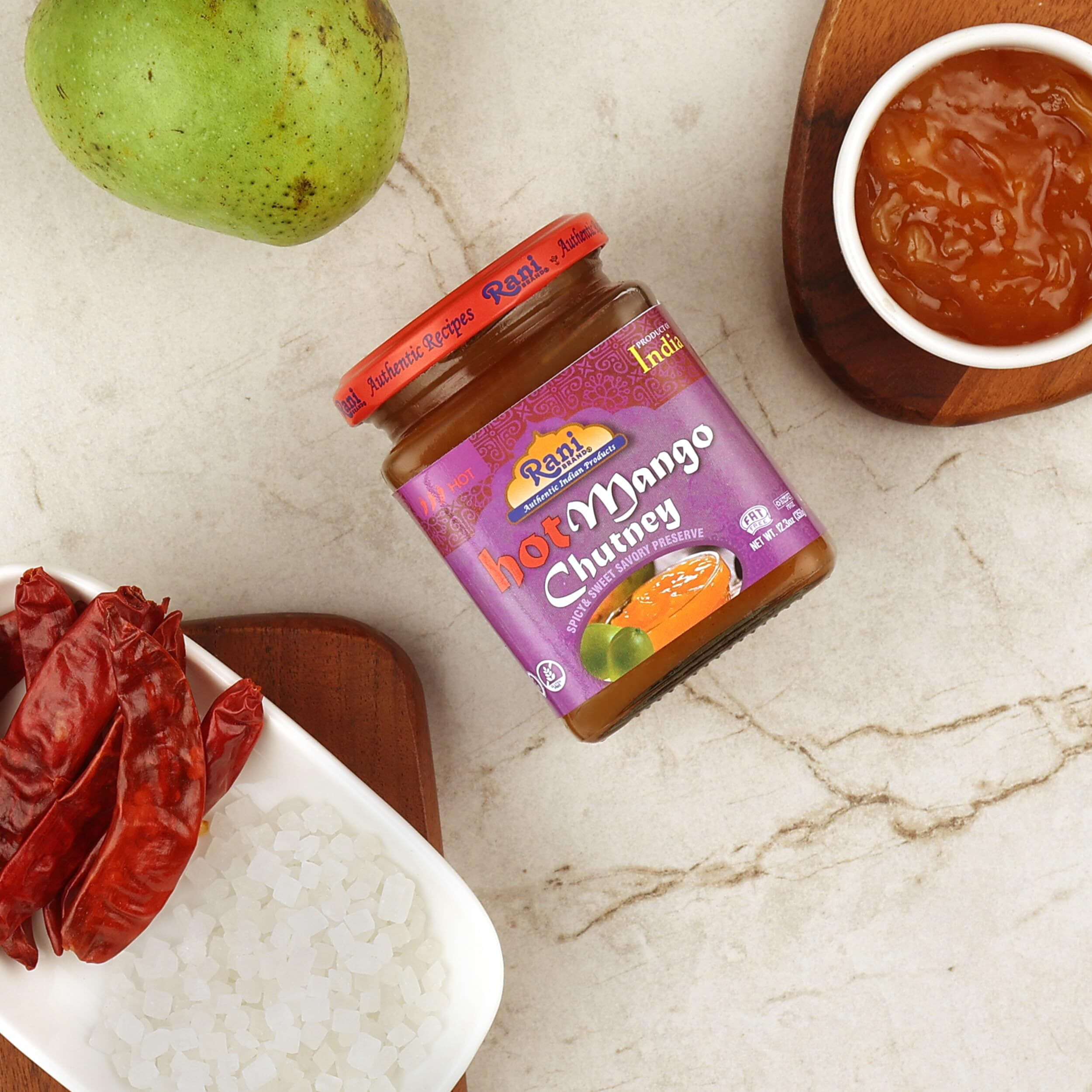 Rani Hot Mango Chutney (Spicy Indian Preserve) 12.5oz (350g) Glass Jar, Ready to eat, Vegan, Pack of 5+1 FREE ~ Gluten Free, All Natural, NON-GMO