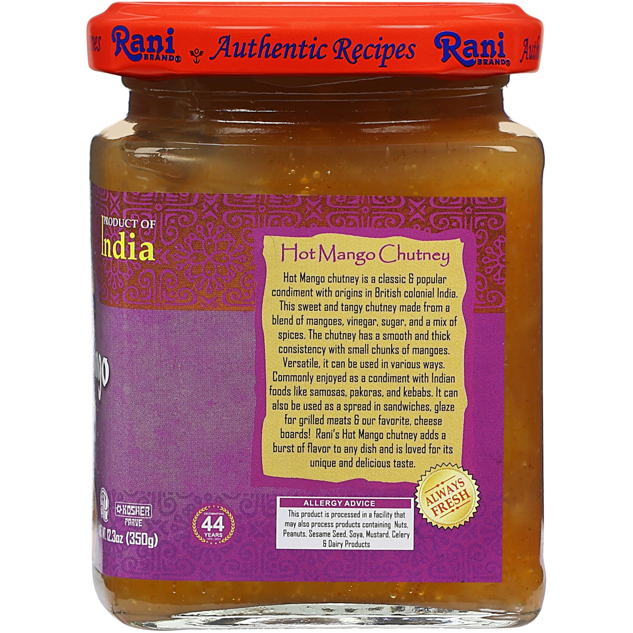 Rani Hot Mango Chutney (Spicy Indian Preserve) 12.5oz (350g) Glass Jar, Ready to eat, Vegan, Pack of 5+1 FREE ~ Gluten Free, All Natural, NON-GMO