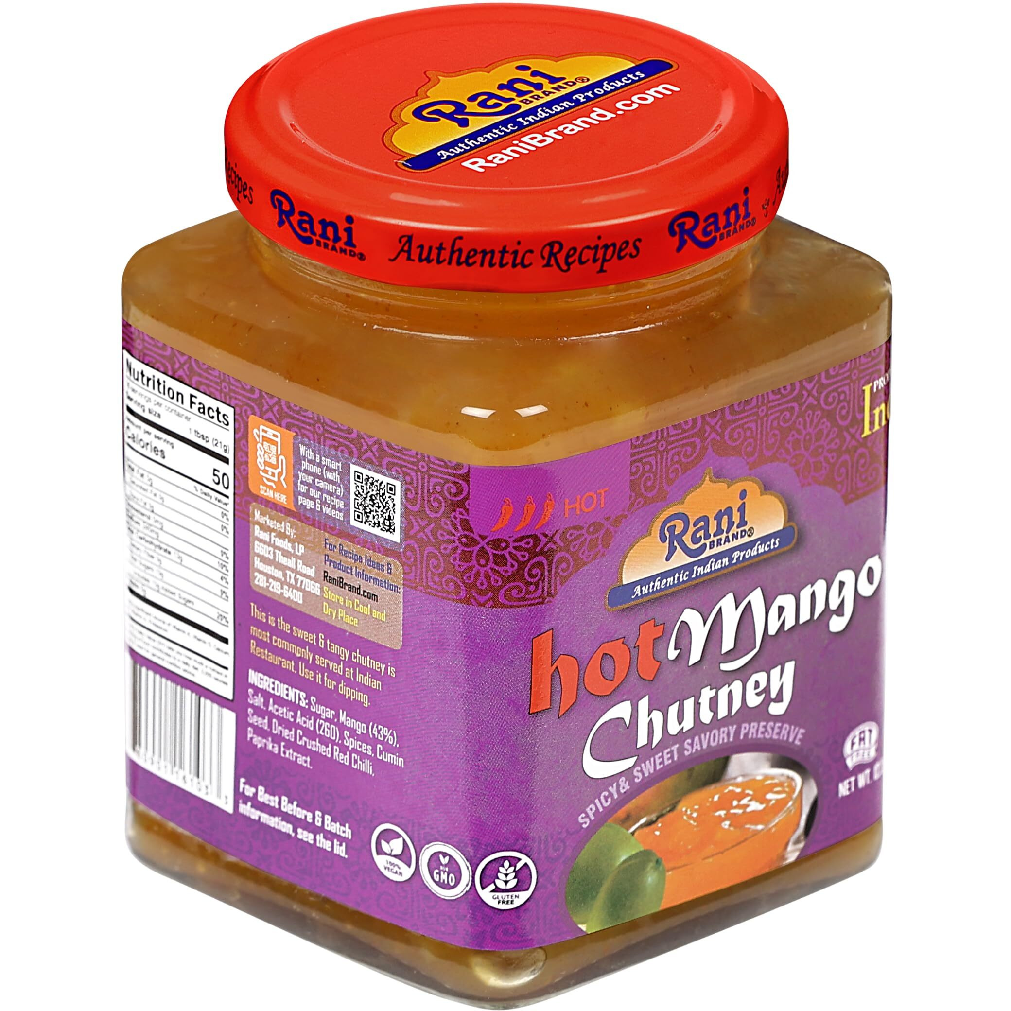 Rani Hot Mango Chutney (Spicy Indian Preserve) 12.5oz (350g) Glass Jar, Ready to eat, Vegan, Pack of 5+1 FREE ~ Gluten Free, All Natural, NON-GMO