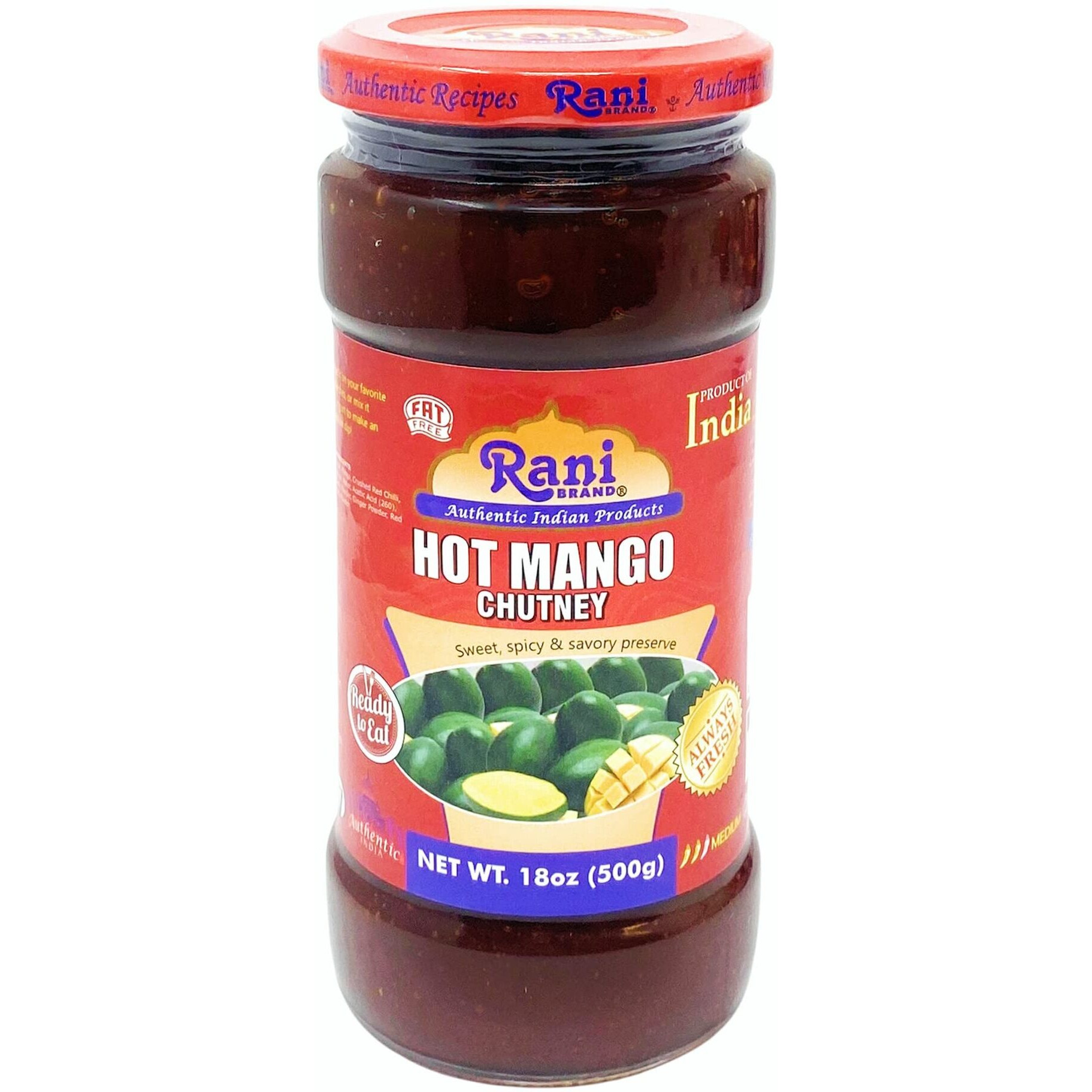 Rani Hot Mango Chutney (Spicy Indian Preserve) 18oz (1.1lbs) 500g Glass Jar, Ready to eat, Vegan ~ Gluten Free, All Natural, NON-GMO