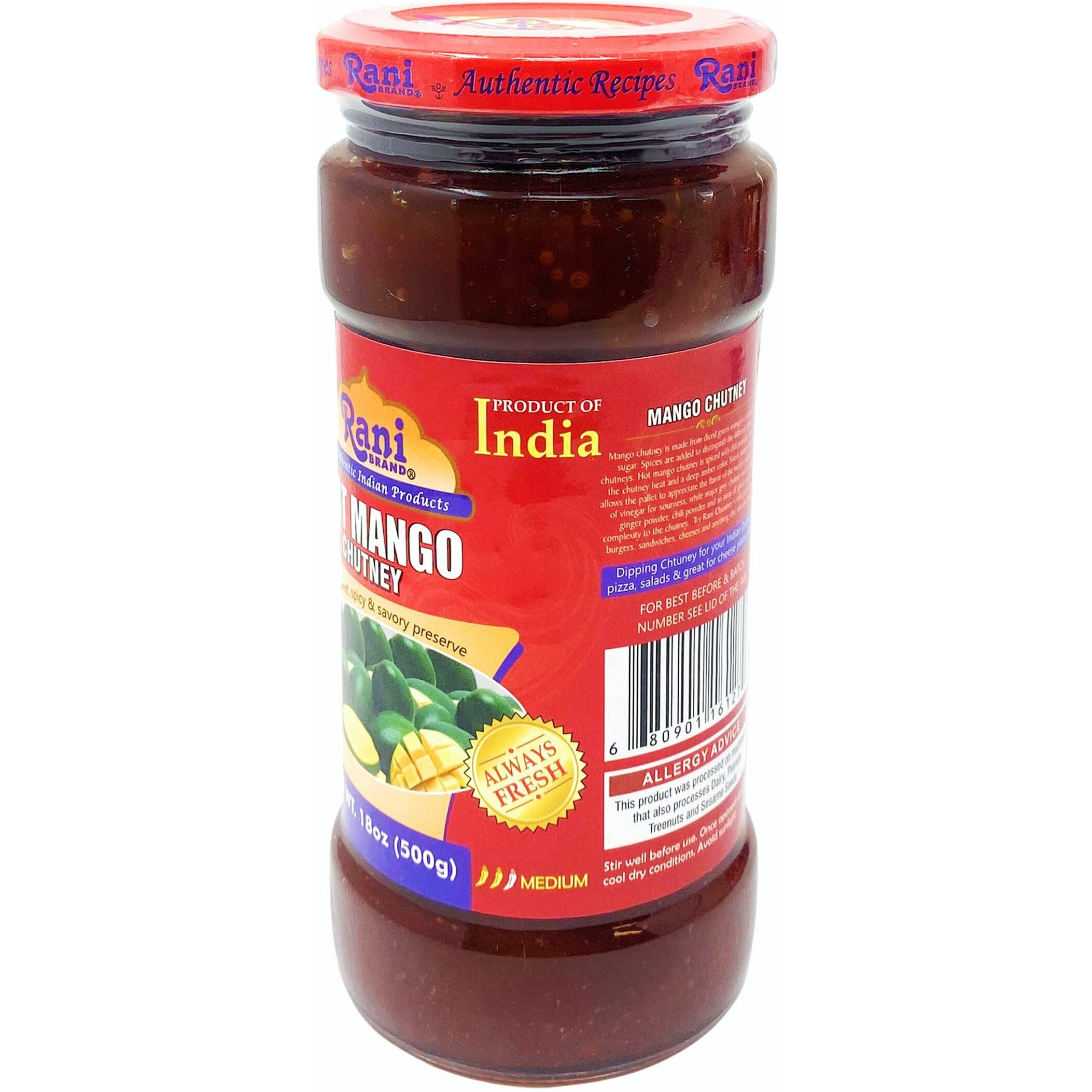 Rani Hot Mango Chutney (Spicy Indian Preserve) 18oz (1.1lbs) 500g Glass Jar, Ready to eat, Vegan ~ Gluten Free, All Natural, NON-GMO