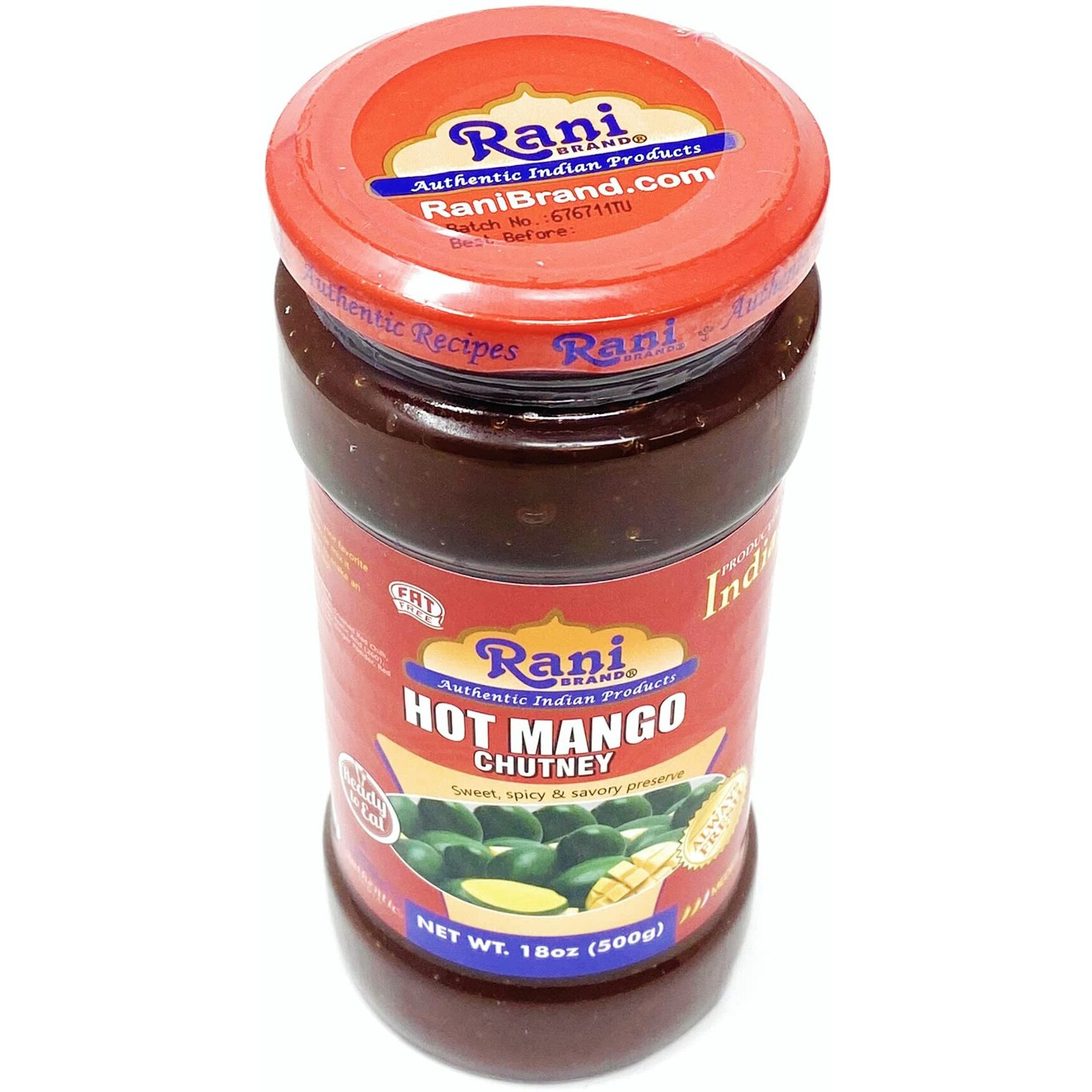Rani Hot Mango Chutney (Spicy Indian Preserve) 18oz (1.1lbs) 500g Glass Jar, Ready to eat, Vegan ~ Gluten Free, All Natural, NON-GMO