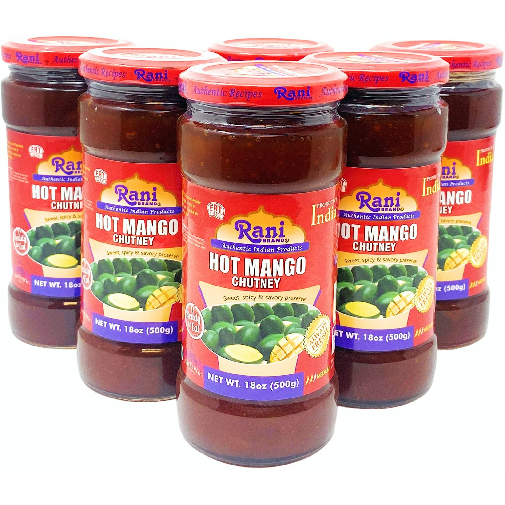 Rani Hot Mango Chutney (Spicy Indian Preserve) 18oz (1.1lbs) 500g Glass Jar, Ready to eat, Vegan, Pack of 5+1 FREE ~ Gluten Free, All Natural, NON-GMO