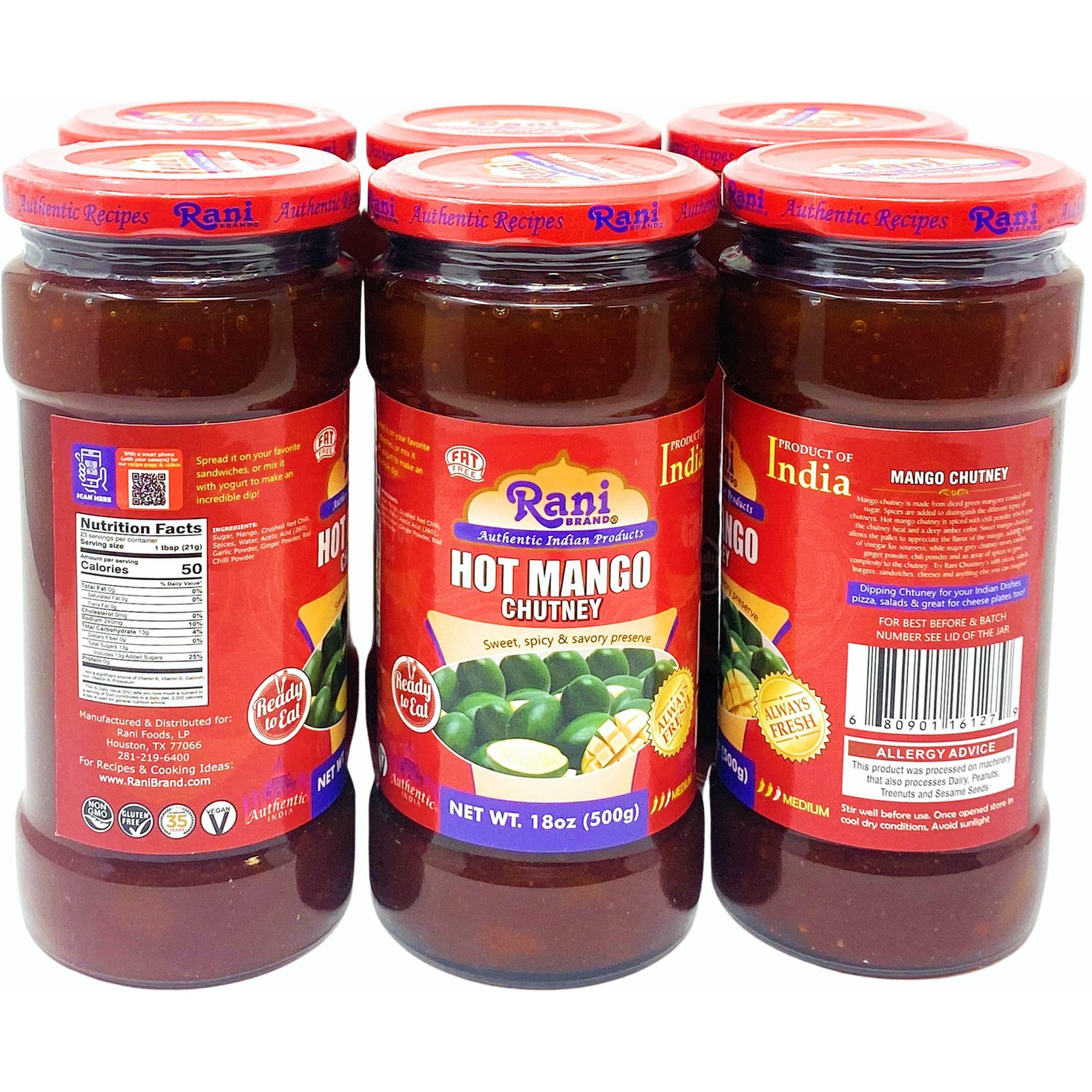 Rani Hot Mango Chutney (Spicy Indian Preserve) 18oz (1.1lbs) 500g Glass Jar, Ready to eat, Vegan, Pack of 5+1 FREE ~ Gluten Free, All Natural, NON-GMO