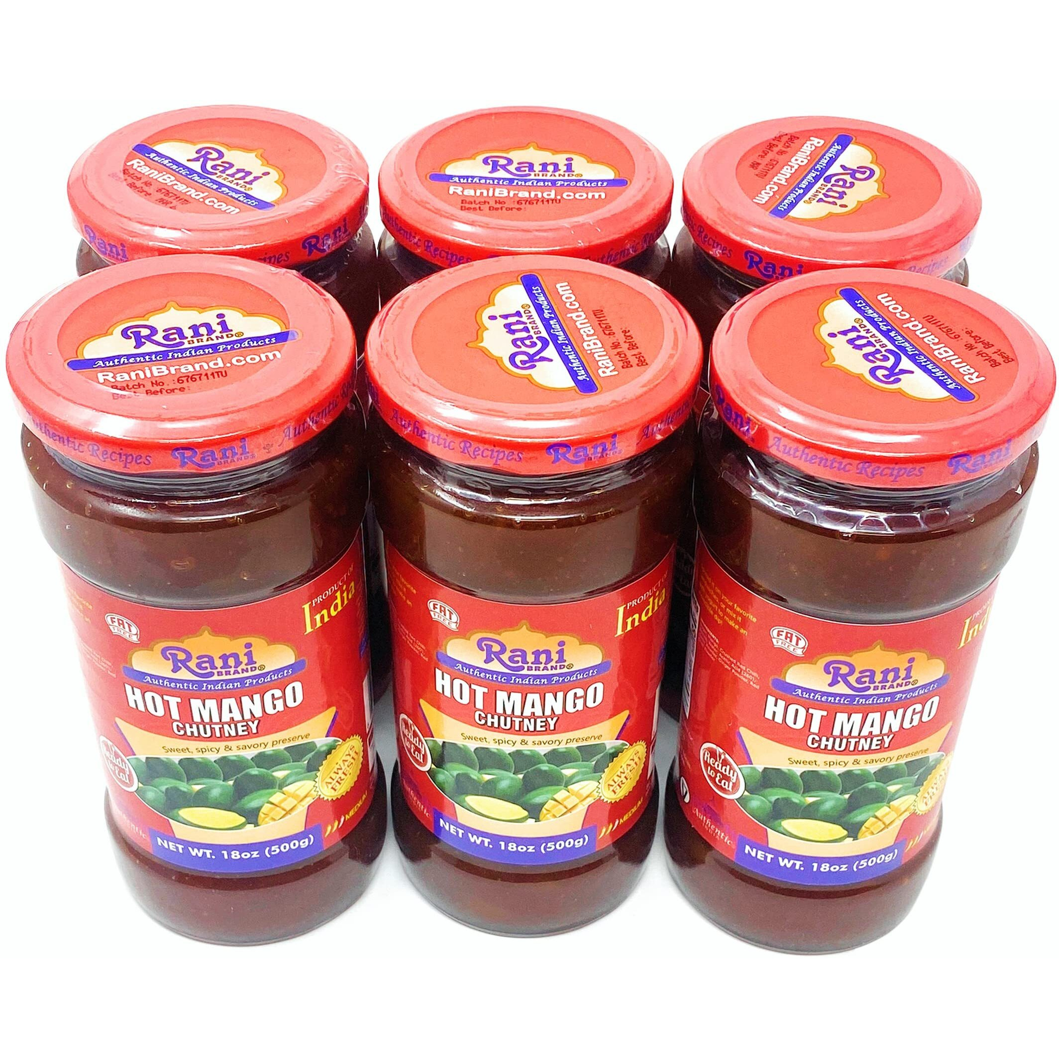Rani Hot Mango Chutney (Spicy Indian Preserve) 18oz (1.1lbs) 500g Glass Jar, Ready to eat, Vegan, Pack of 5+1 FREE ~ Gluten Free, All Natural, NON-GMO
