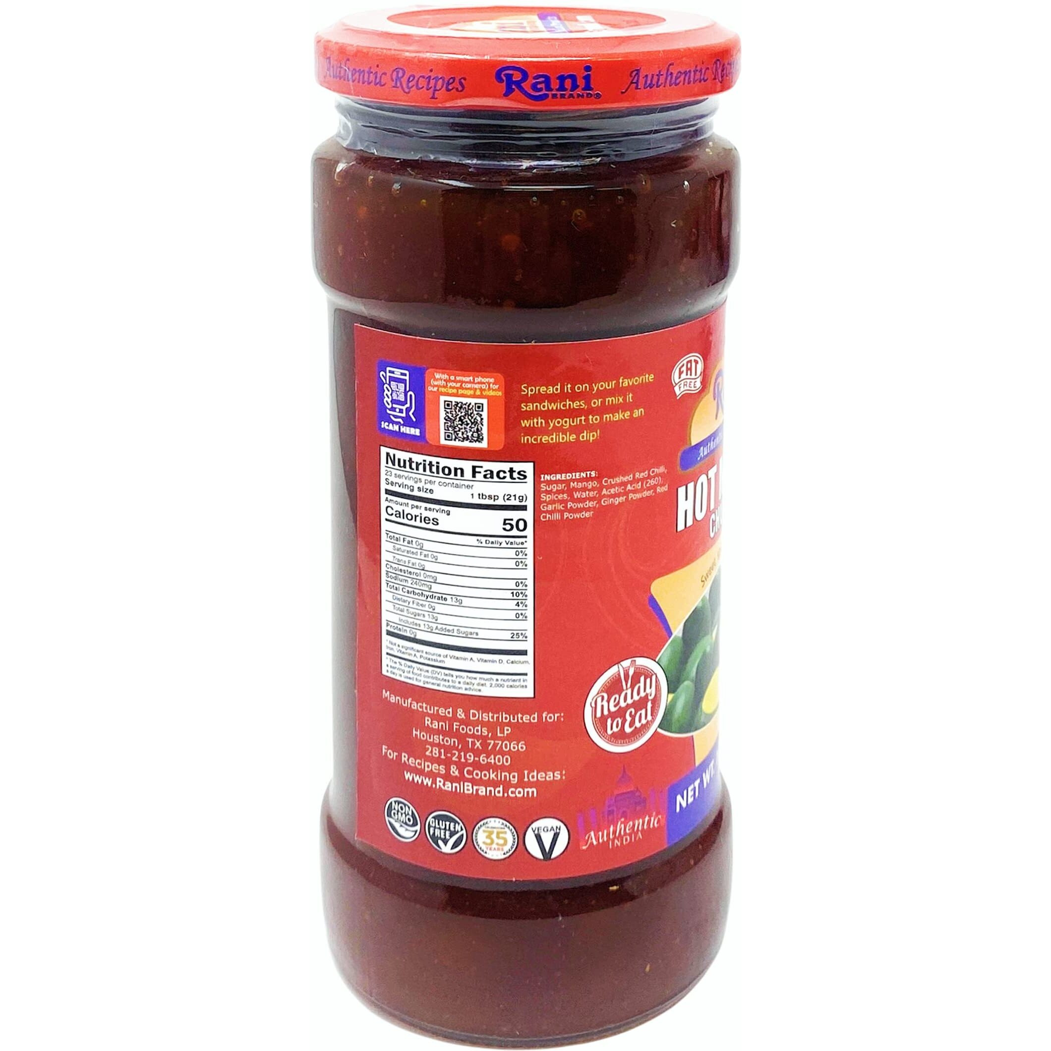 Rani Hot Mango Chutney (Spicy Indian Preserve) 18oz (1.1lbs) 500g Glass Jar, Ready to eat, Vegan, Pack of 5+1 FREE ~ Gluten Free, All Natural, NON-GMO