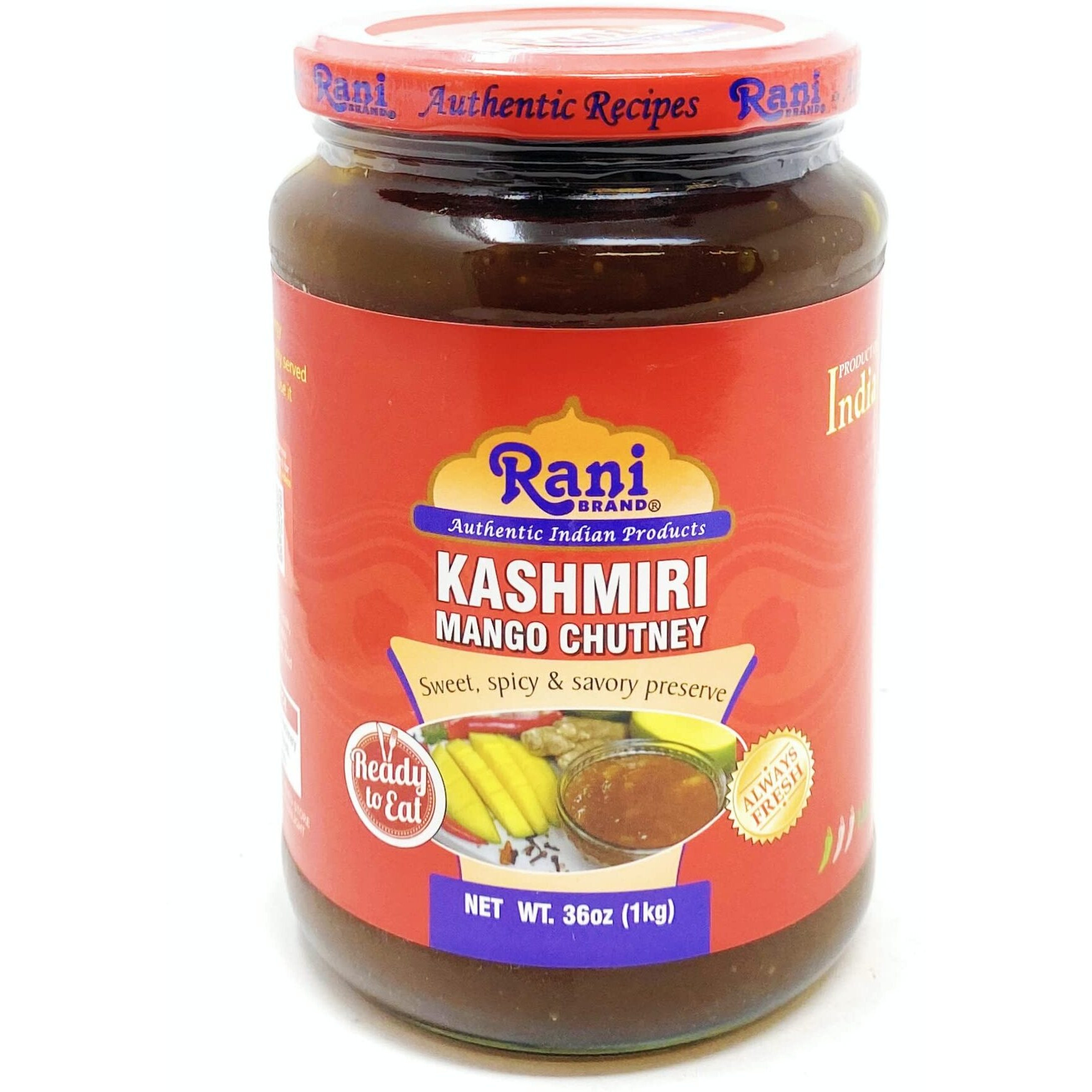 Rani Kashmiri Mango Chutney (Indian Preserve) 36oz (2.2lbs) 1kg Glass Jar, Ready to eat, Vegan ~ Gluten Free, All Natural, NON-GMO
