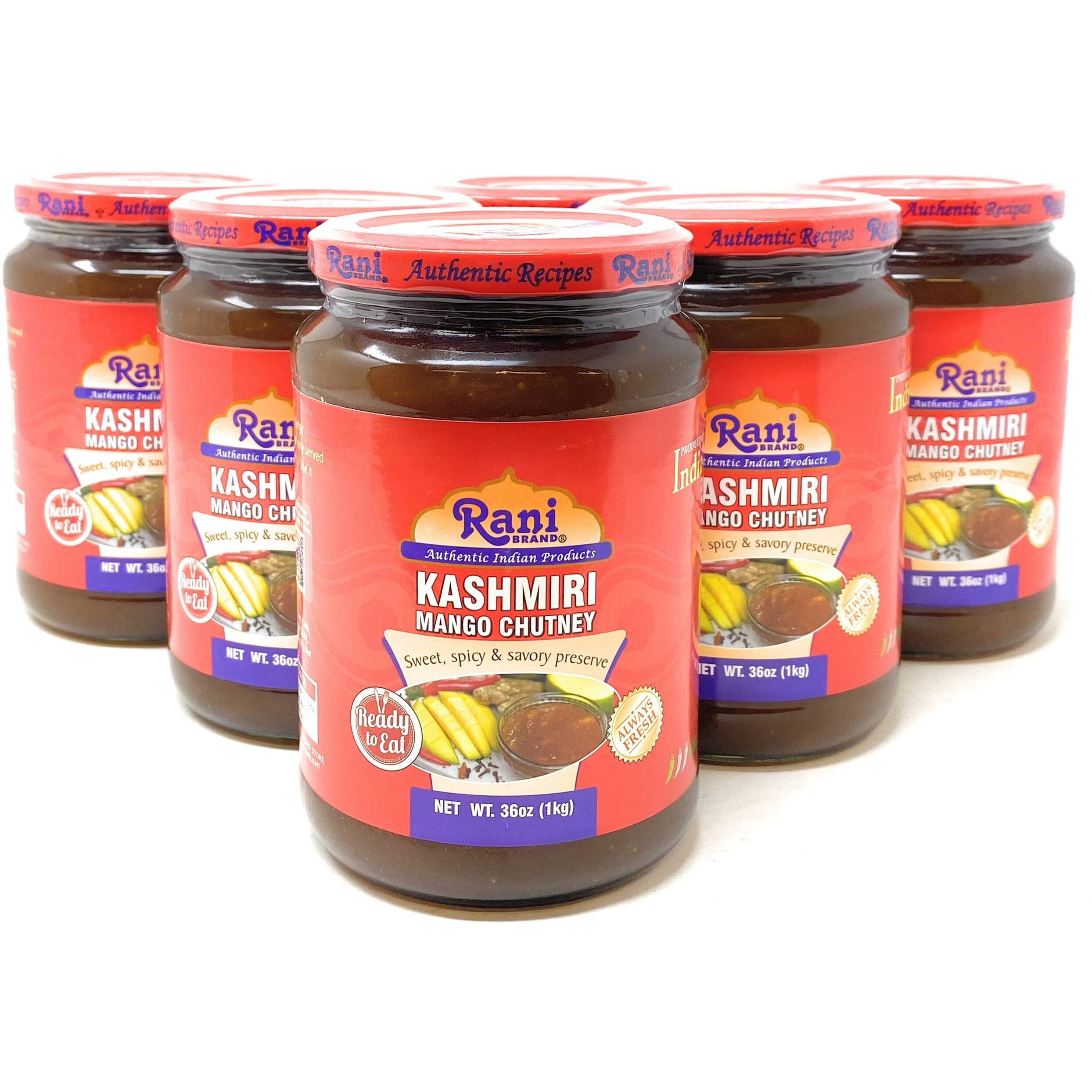 Rani Kashmiri Mango Chutney (Indian Preserve) 36oz (2.2lbs) 1kg Glass Jar, Ready to eat, Vegan, Pack of 5+1 FREE ~ Gluten Free, All Natural, NON-GMO