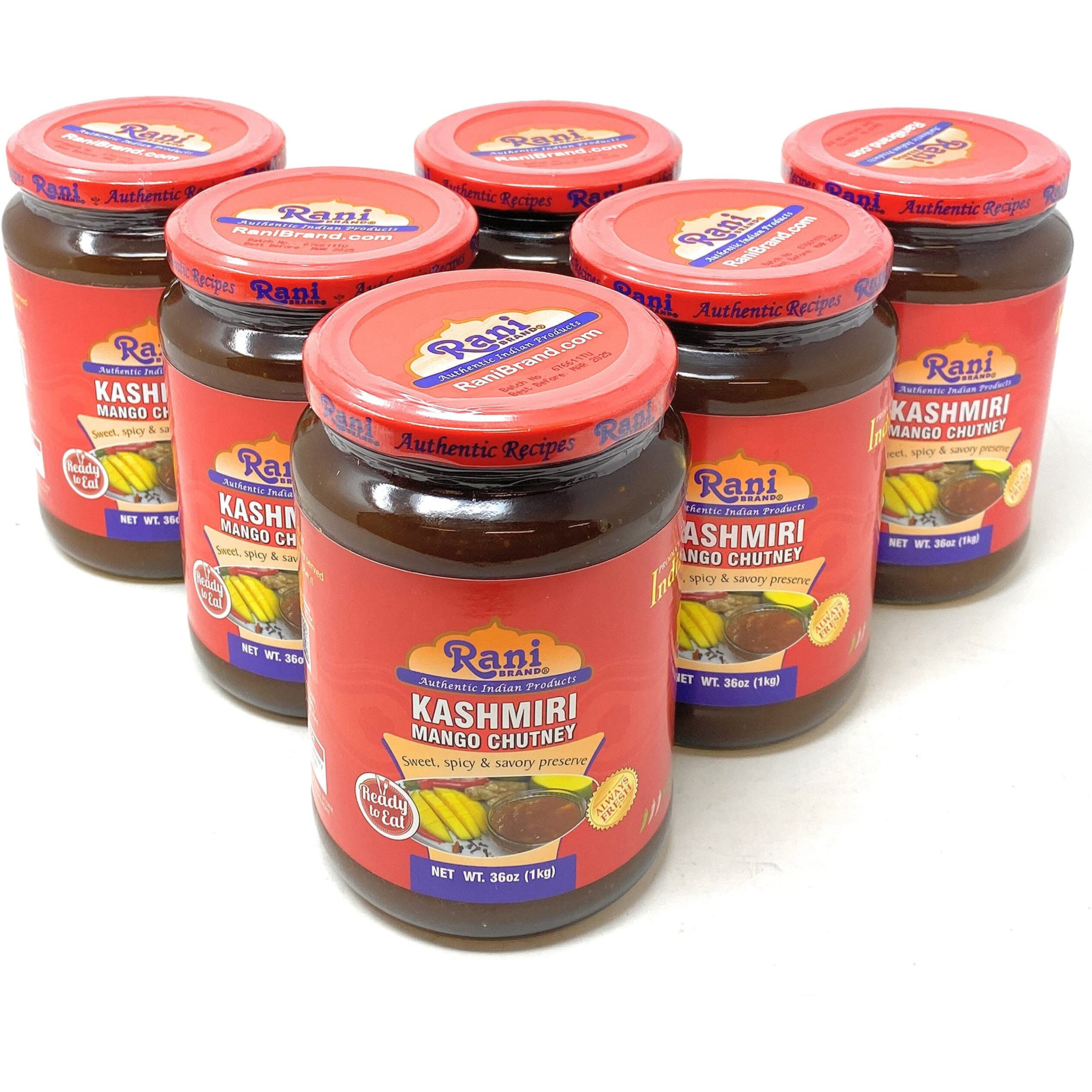 Rani Kashmiri Mango Chutney (Indian Preserve) 36oz (2.2lbs) 1kg Glass Jar, Ready to eat, Vegan, Pack of 5+1 FREE ~ Gluten Free, All Natural, NON-GMO