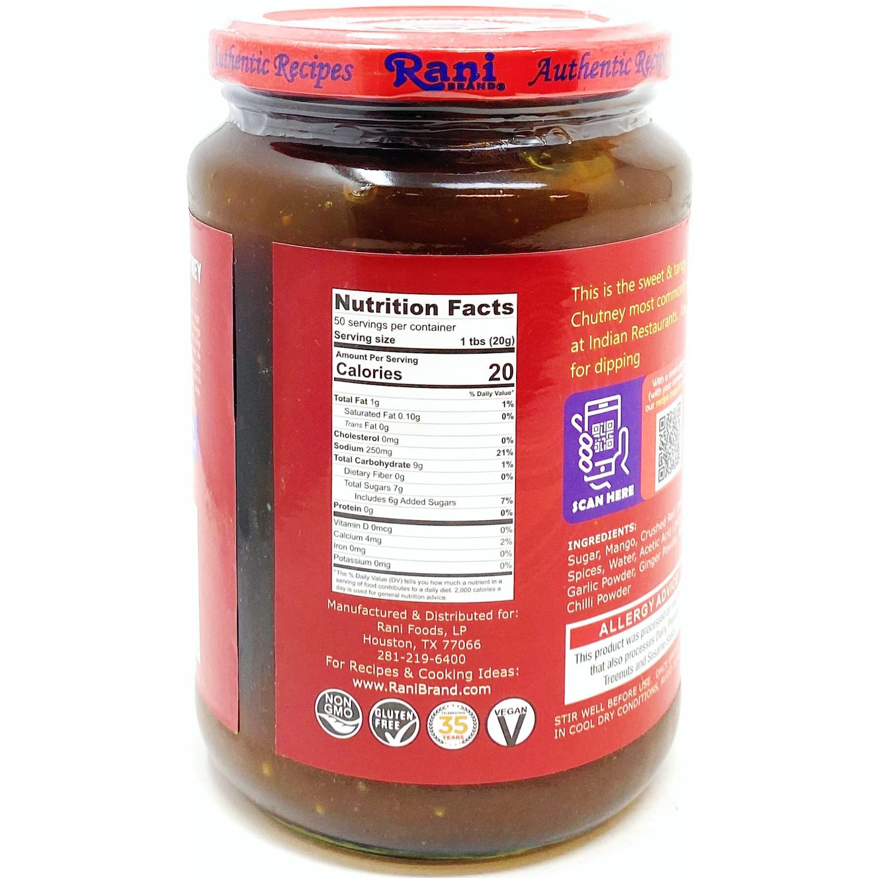 Rani Kashmiri Mango Chutney (Indian Preserve) 36oz (2.2lbs) 1kg Glass Jar, Ready to eat, Vegan, Pack of 5+1 FREE ~ Gluten Free, All Natural, NON-GMO
