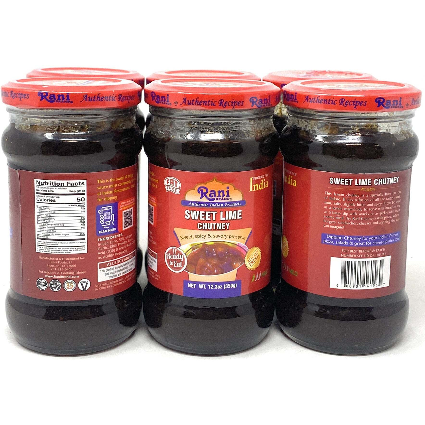 Rani Lime Sweet Mango Chutney (Indian Preserve) 12.5oz (350g) Glass Jar, Ready to eat, Vegan, Pack of 5+1 FREE ~ Gluten Free, All Natural, NON-GMO