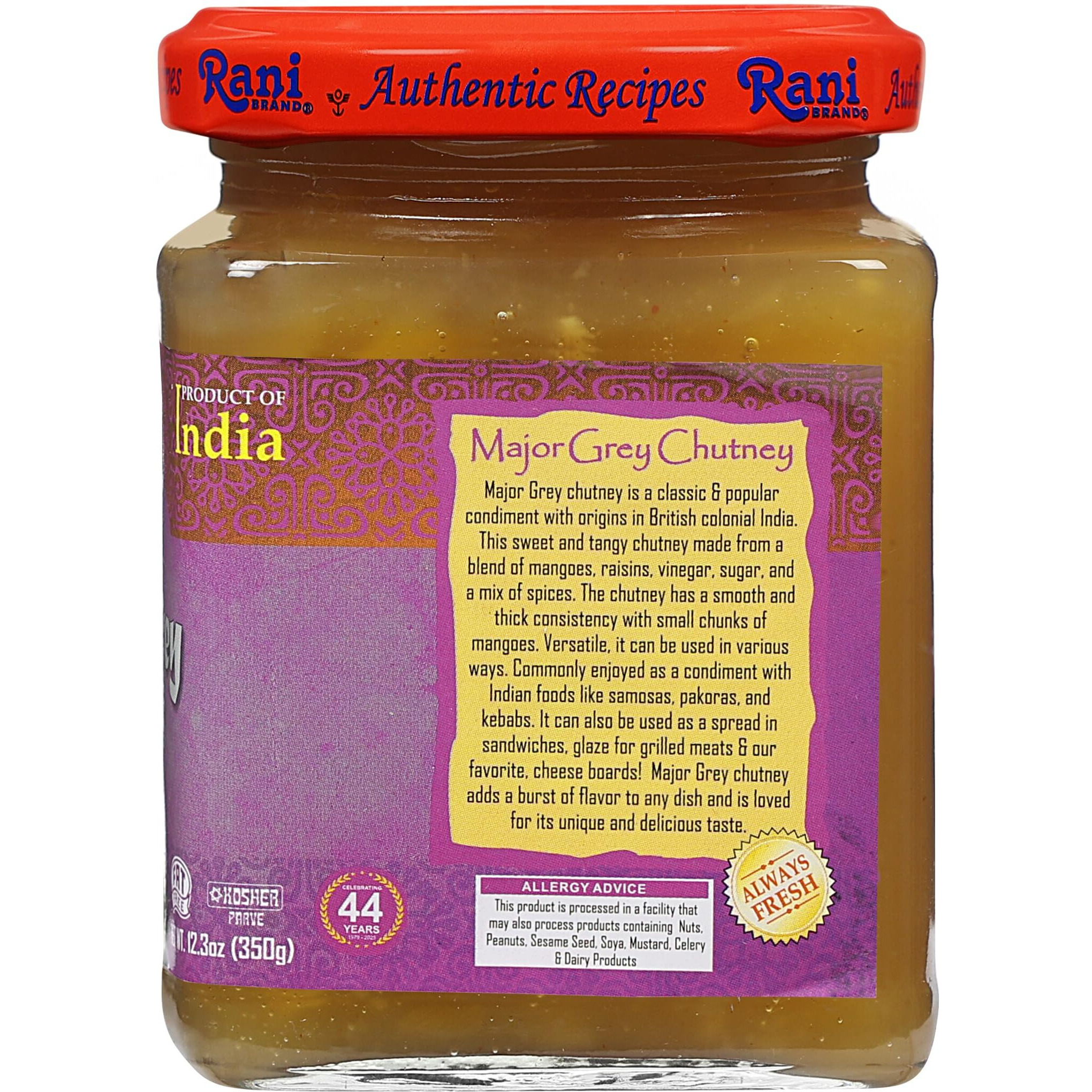 Rani Major Grey Mango Chutney (Indian Preserve) 12.3oz (350g) Glass Jar, Ready to eat, Vegan, Pack of 5+1 FREE ~ Gluten Free, All Natural, NON-GMO, Kosher