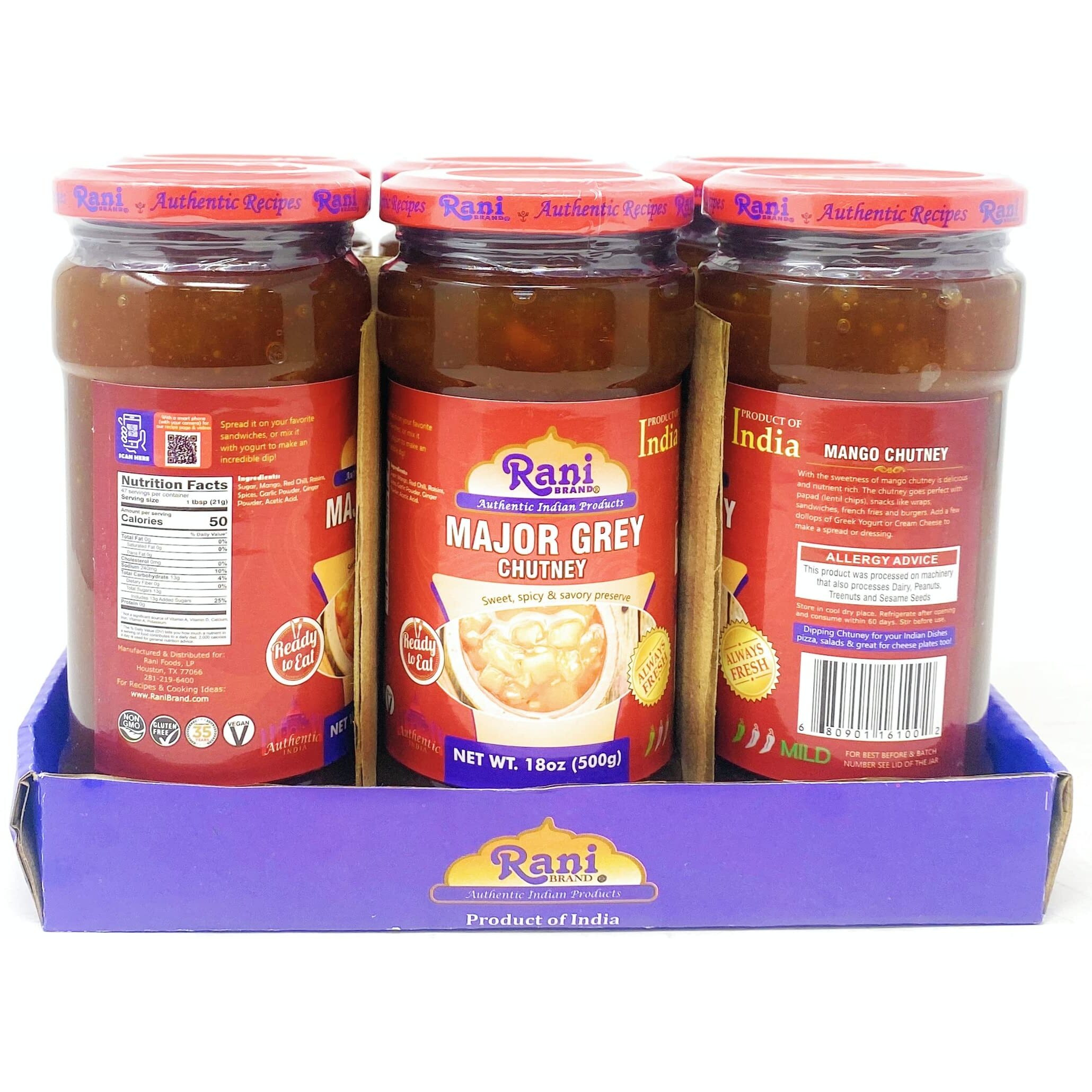 Rani Major Grey Mango Chutney (Indian Preserve) 18oz (1.1lbs) 500g Glass Jar, Ready to eat, Vegan, Pack of 5+1 FREE ~ Gluten Free, All Natural, NON-GMO