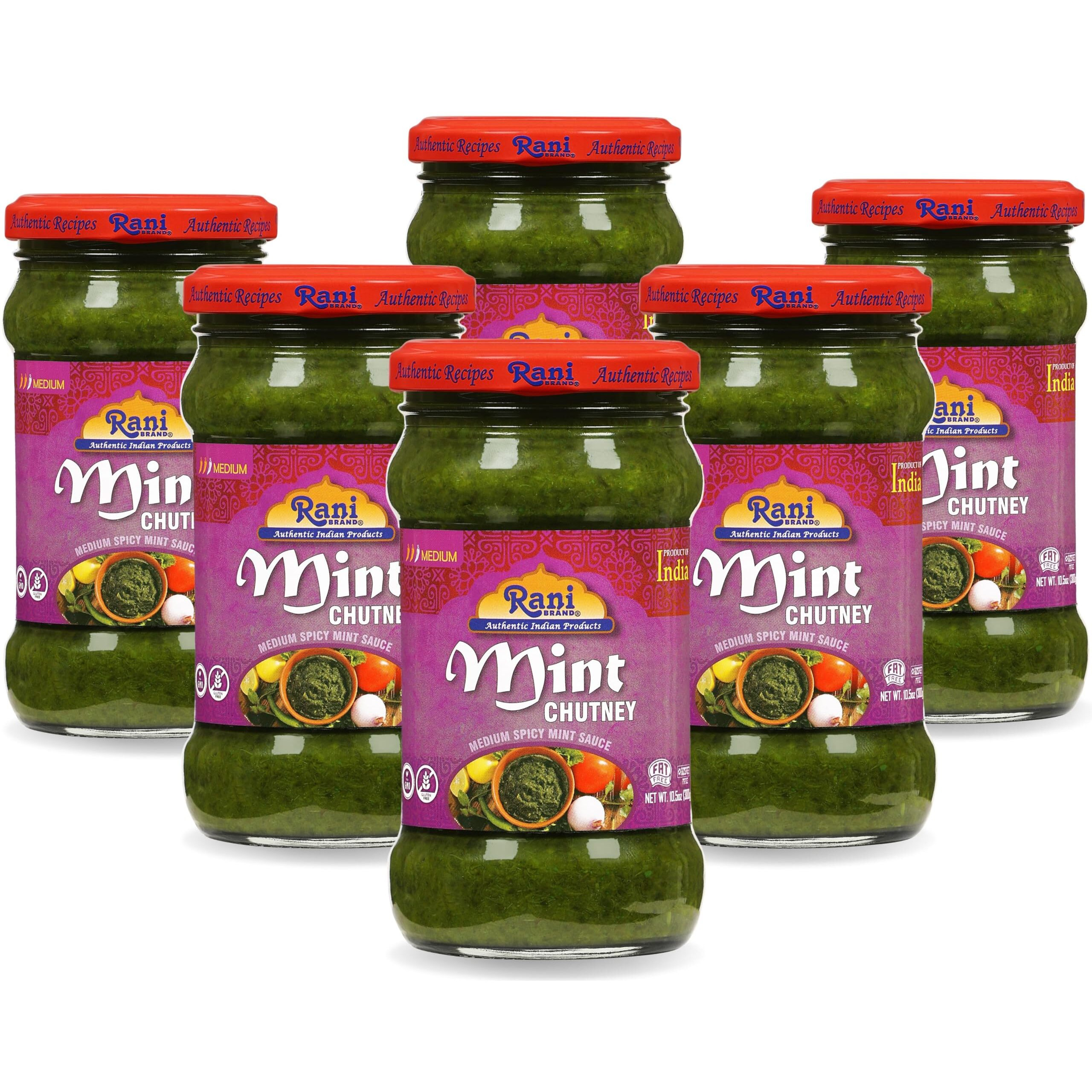 Rani Mint Chutney (Podina) 10.5oz (300g) Glass Jar, Ready to Eat, Pack of 5+1 FREE ~ Vegan, Gluten Free, NON-GMO, Kosher, No Colors, Indian Origin