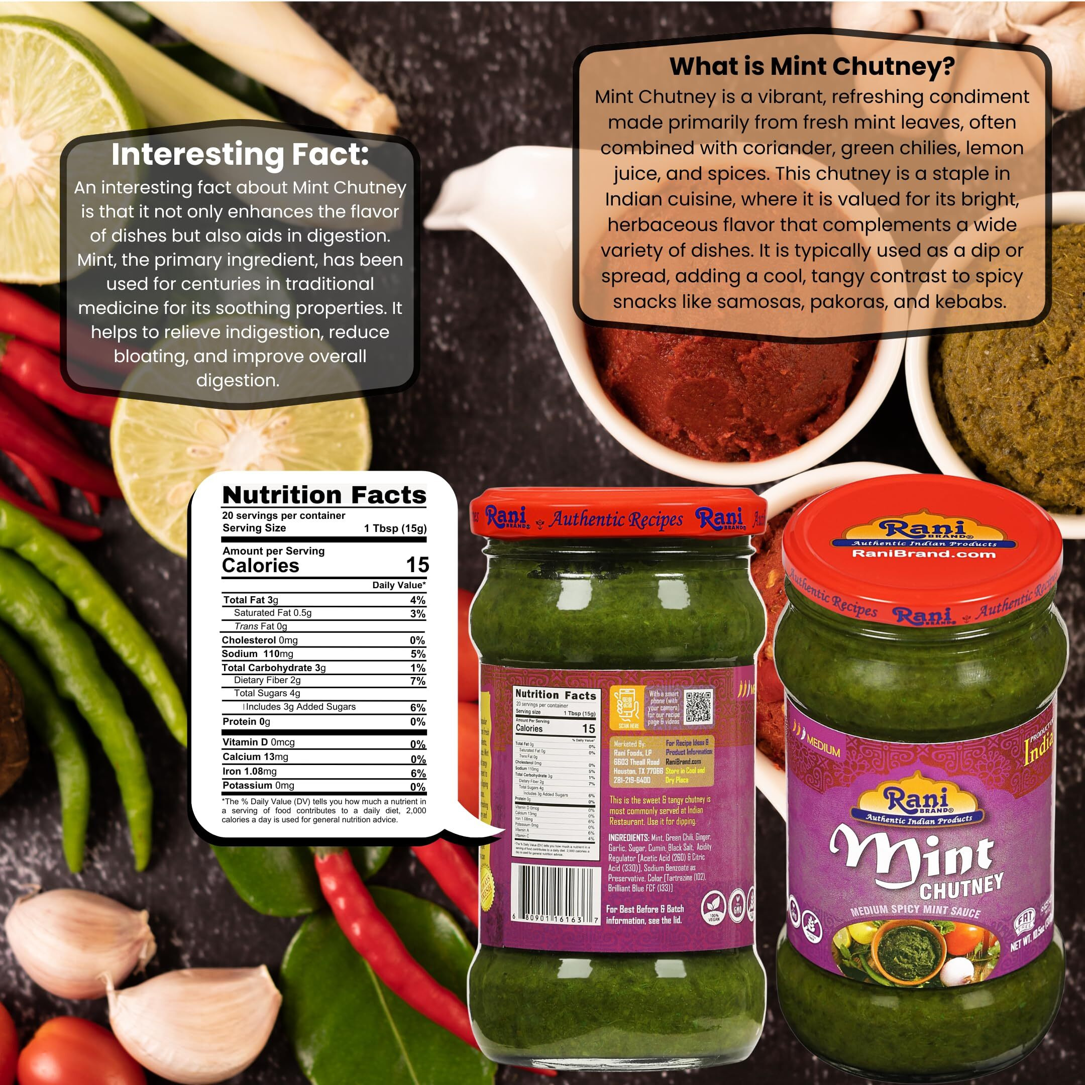 Rani Mint Chutney (Podina) 10.5oz (300g) Glass Jar, Ready to Eat, Pack of 5+1 FREE ~ Vegan, Gluten Free, NON-GMO, Kosher, No Colors, Indian Origin