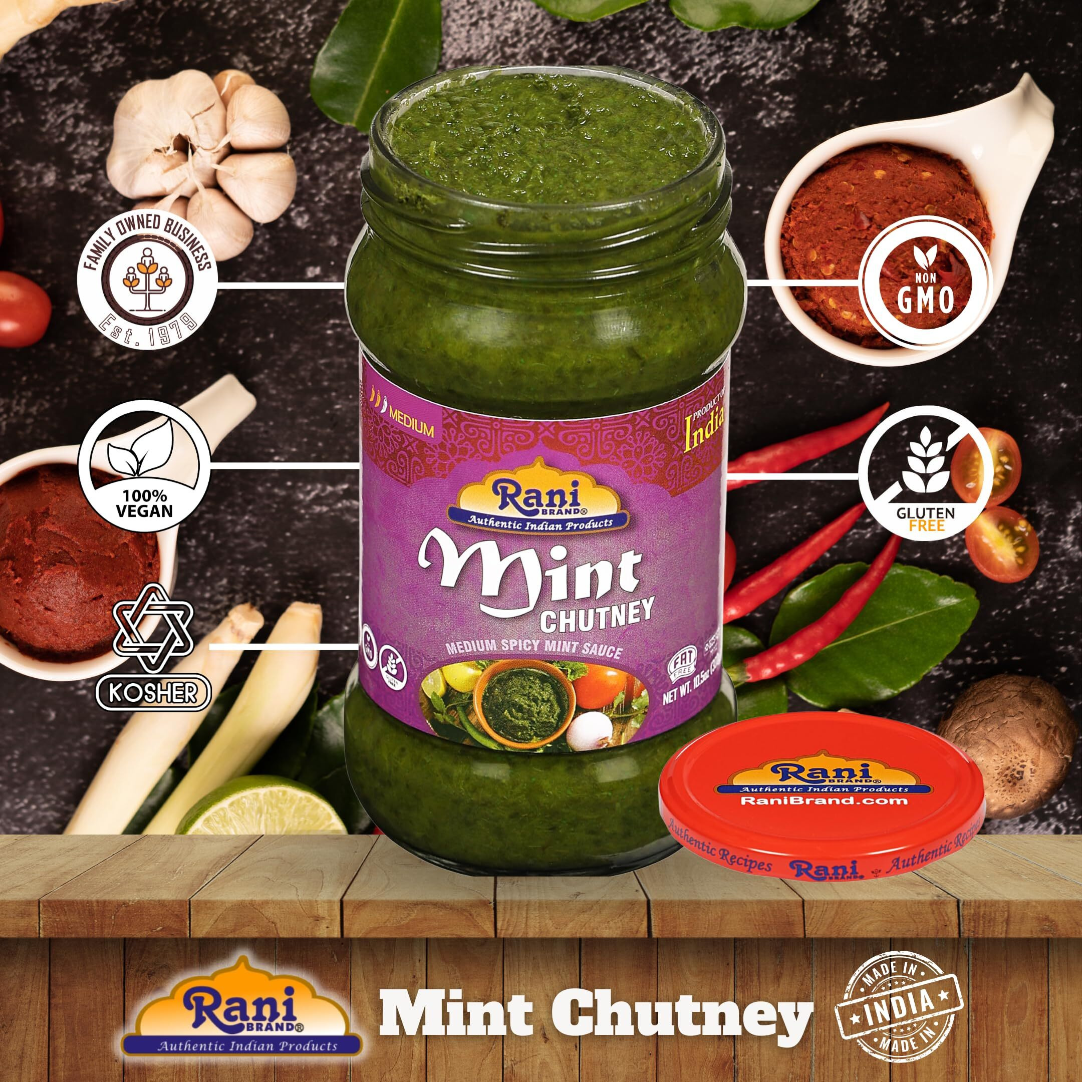 Rani Mint Chutney (Podina) 10.5oz (300g) Glass Jar, Ready to Eat, Pack of 5+1 FREE ~ Vegan, Gluten Free, NON-GMO, Kosher, No Colors, Indian Origin