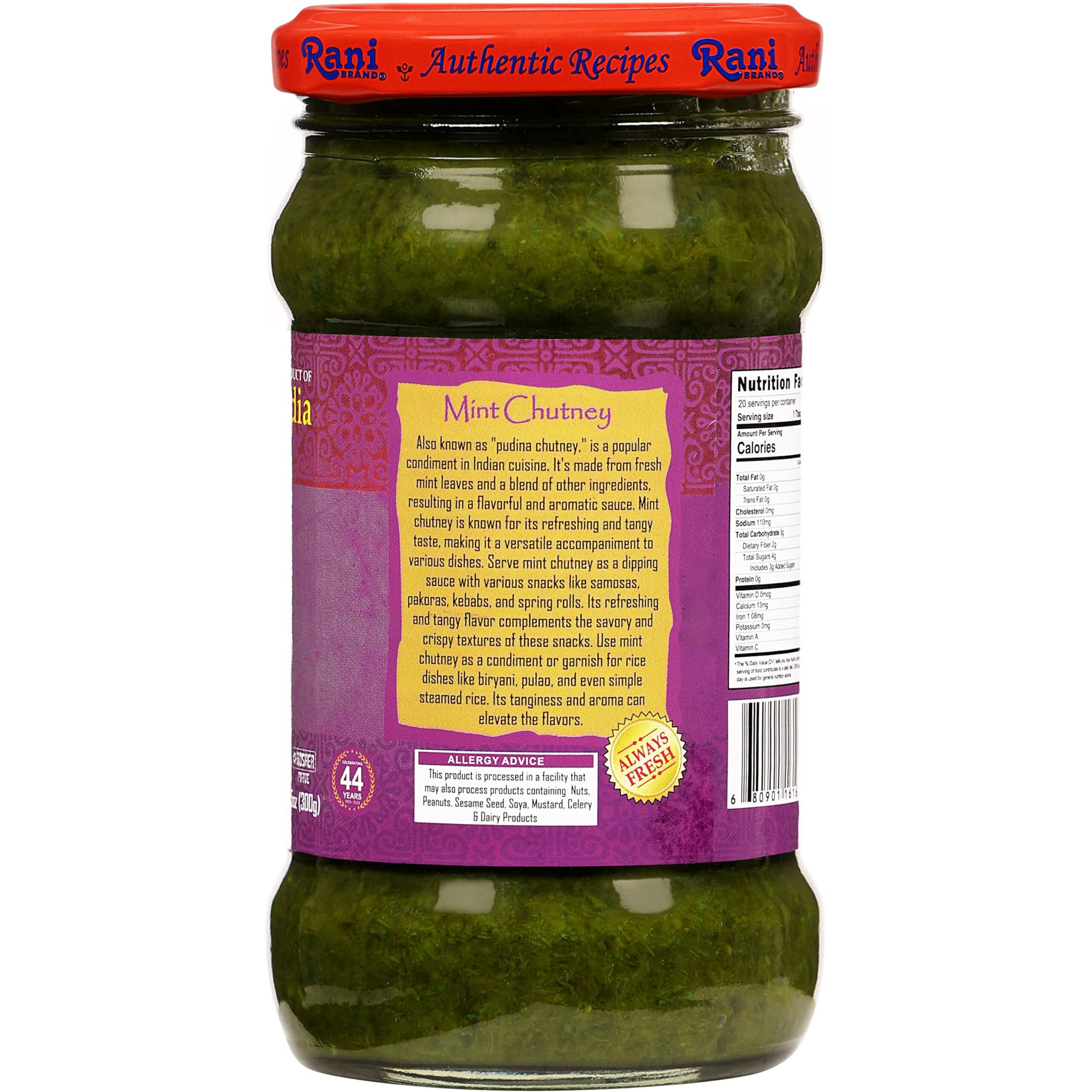 Rani Mint Chutney (Podina) 10.5oz (300g) Glass Jar, Ready to Eat, Pack of 5+1 FREE ~ Vegan, Gluten Free, NON-GMO, Kosher, No Colors, Indian Origin