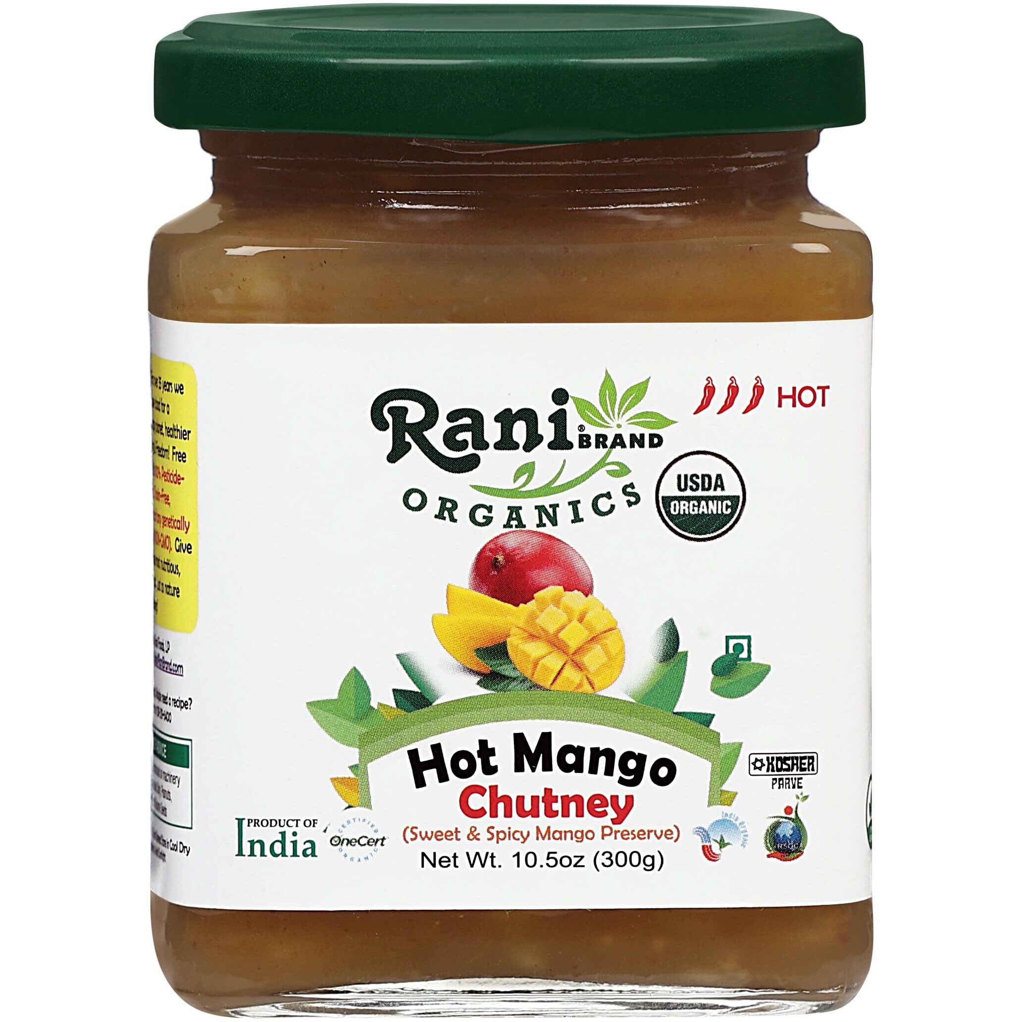 Rani Organic Hot Mango Chutney (Spicy Indian Preserve) 10.5oz (300g) Glass Jar, Ready to eat ~ All Natural, Vegan, Gluten Free, No Colors, NON-GMO, Indian Origin, USDA Certified Organic
