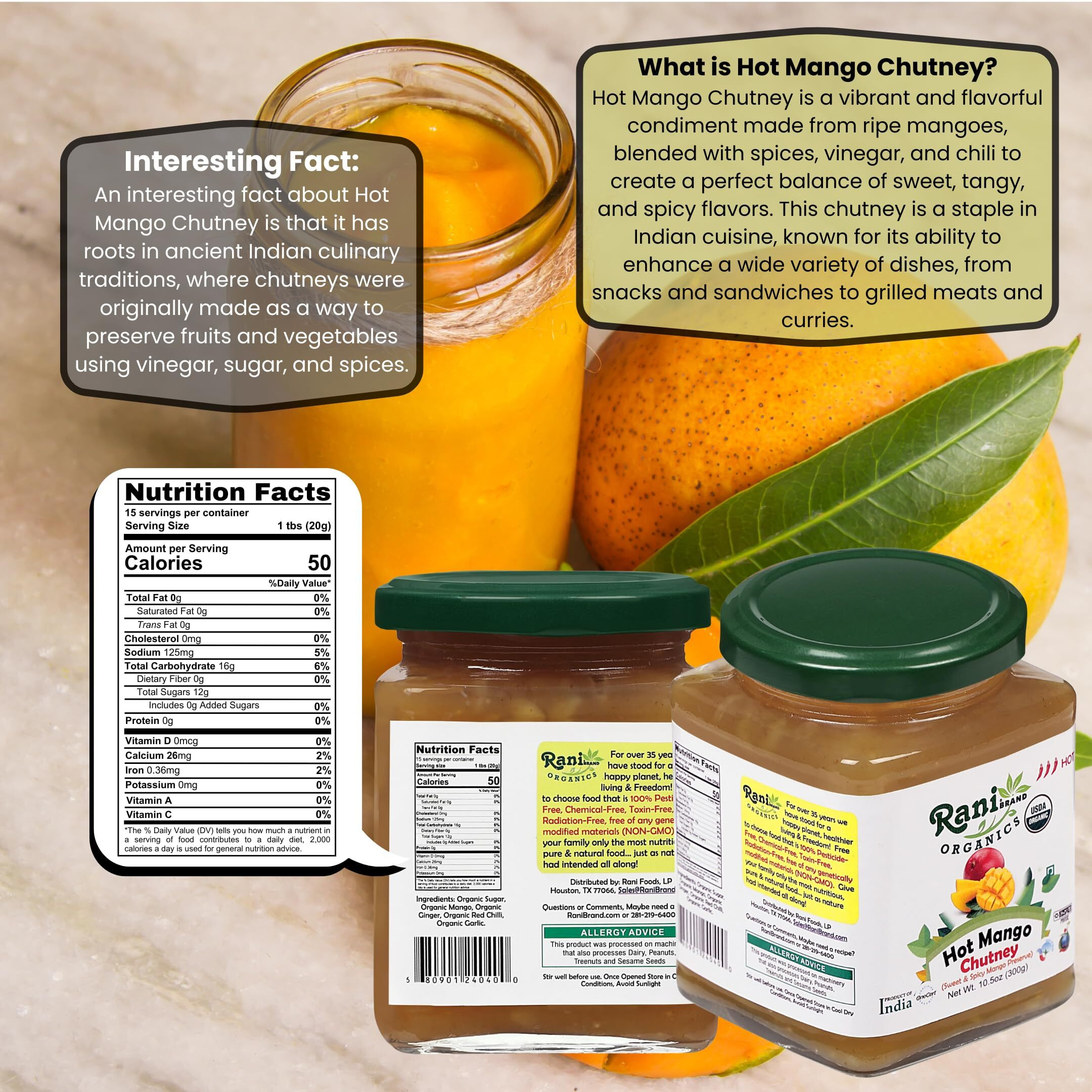 Rani Organic Hot Mango Chutney (Spicy Indian Preserve) 10.5oz (300g) Glass Jar, Ready to eat ~ All Natural, Vegan, Gluten Free, No Colors, NON-GMO, Indian Origin, USDA Certified Organic