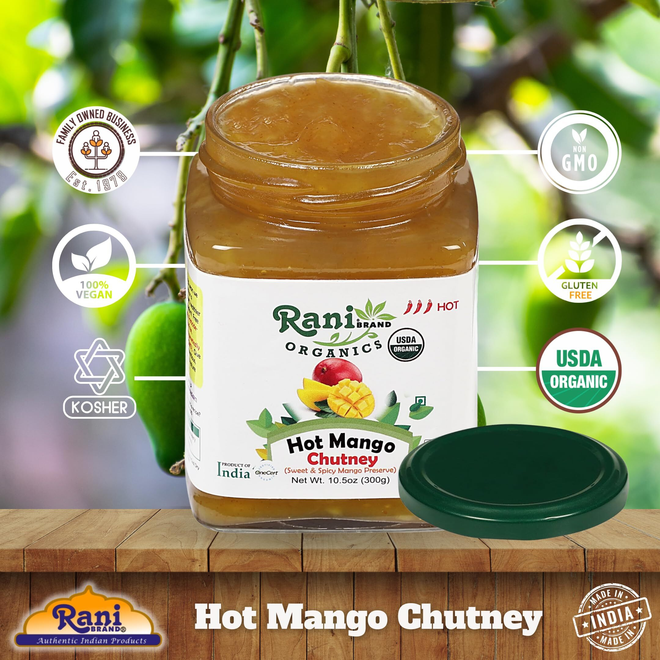Rani Organic Hot Mango Chutney (Spicy Indian Preserve) 10.5oz (300g) Glass Jar, Ready to eat ~ All Natural, Vegan, Gluten Free, No Colors, NON-GMO, Indian Origin, USDA Certified Organic