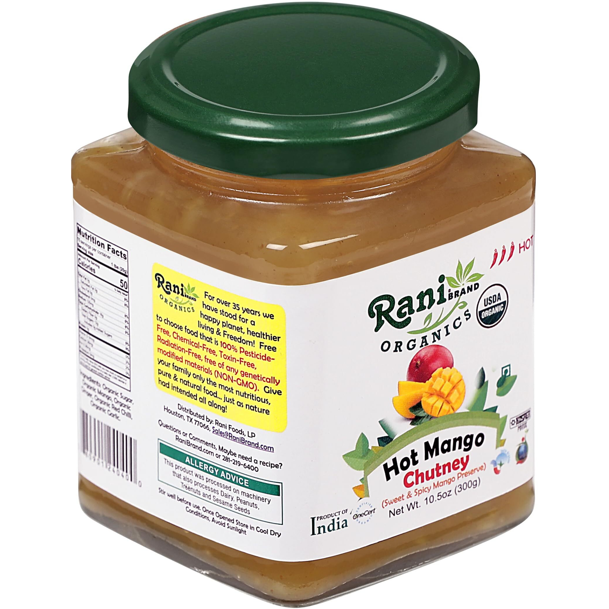 Rani Organic Hot Mango Chutney (Spicy Indian Preserve) 10.5oz (300g) Glass Jar, Ready to eat ~ All Natural, Vegan, Gluten Free, No Colors, NON-GMO, Indian Origin, USDA Certified Organic