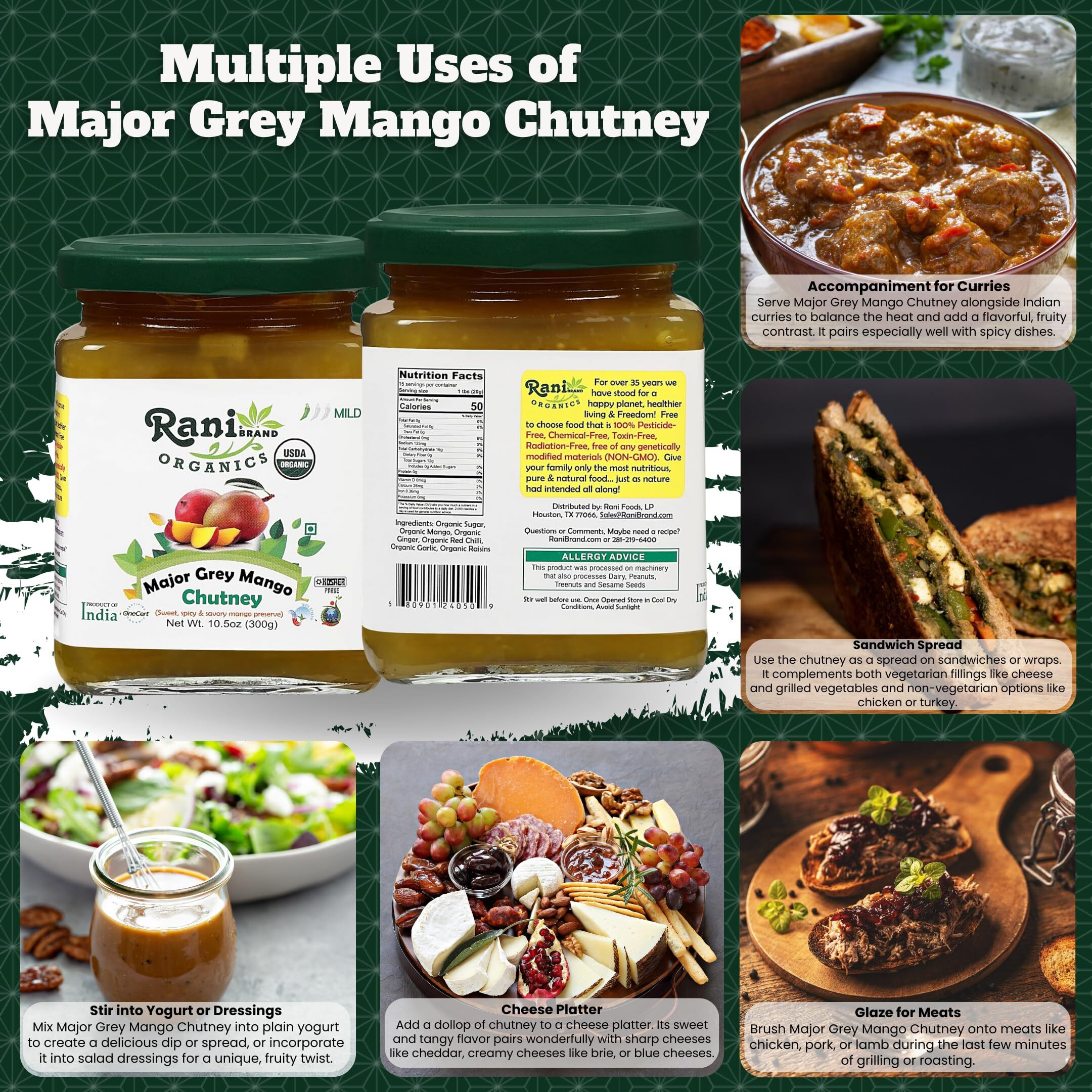 Rani Organic Major Grey Mango Chutney (Indian Preserve) 10.5oz (300g) Glass Jar, Ready to eat ~ All Natural, Vegan, Gluten Free, No Colors, NON-GMO, Indian Origin, USDA Certified Organic