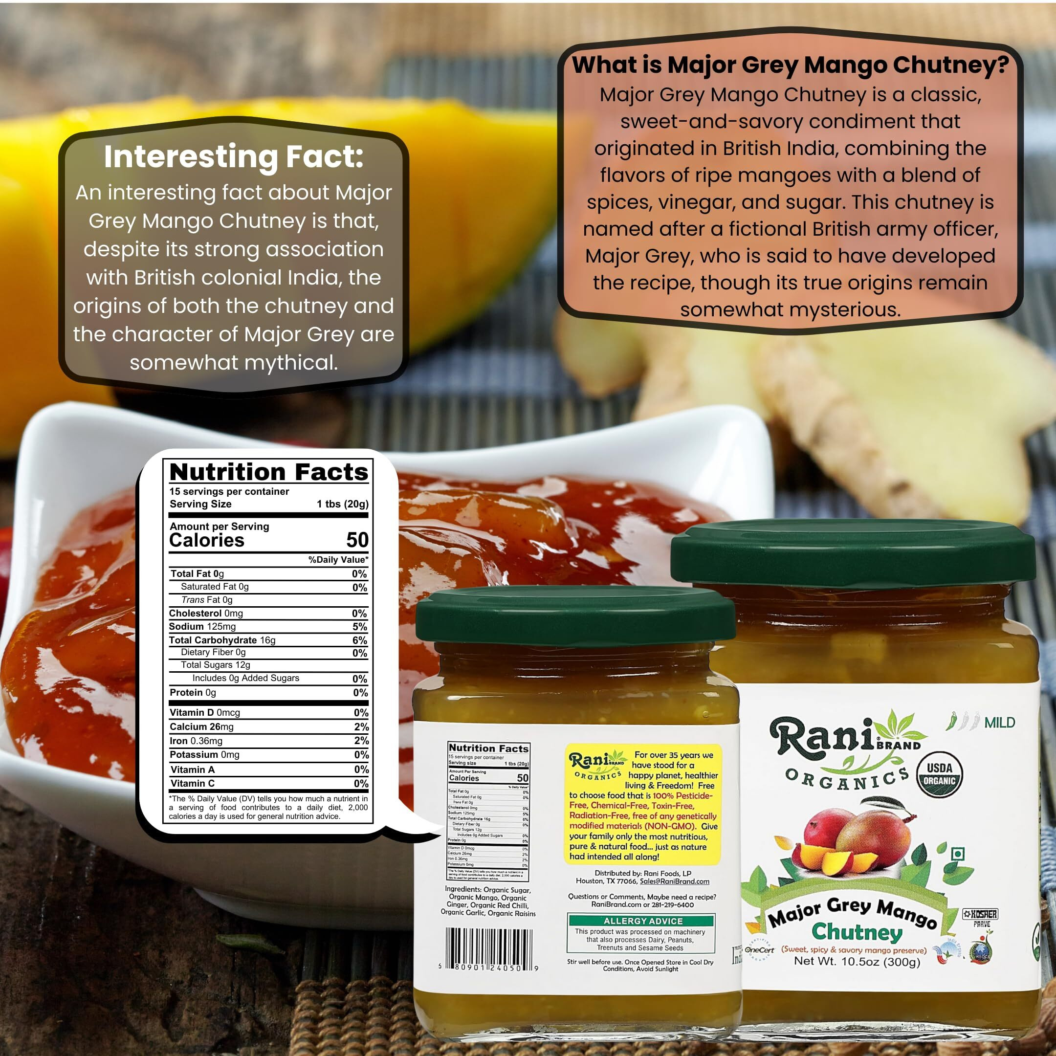 Rani Organic Major Grey Mango Chutney (Indian Preserve) 10.5oz (300g) Glass Jar, Ready to eat ~ All Natural, Vegan, Gluten Free, No Colors, NON-GMO, Indian Origin, USDA Certified Organic