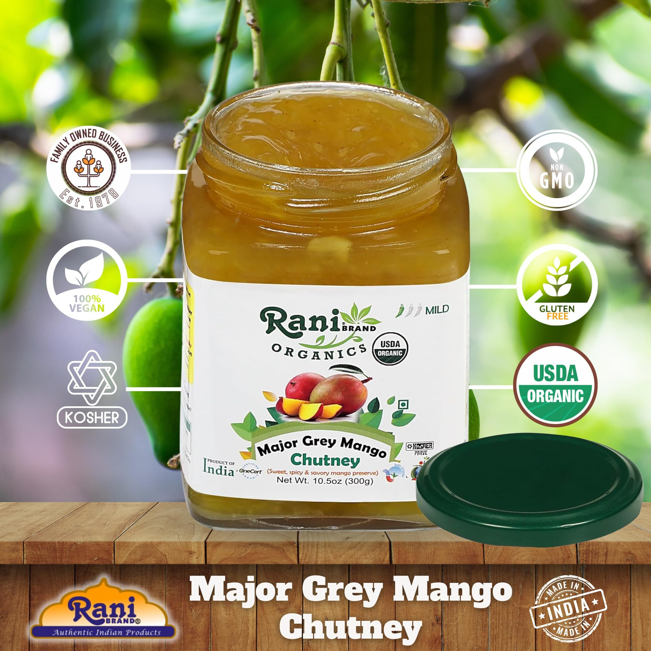 Rani Organic Major Grey Mango Chutney (Indian Preserve) 10.5oz (300g) Glass Jar, Ready to eat ~ All Natural, Vegan, Gluten Free, No Colors, NON-GMO, Indian Origin, USDA Certified Organic