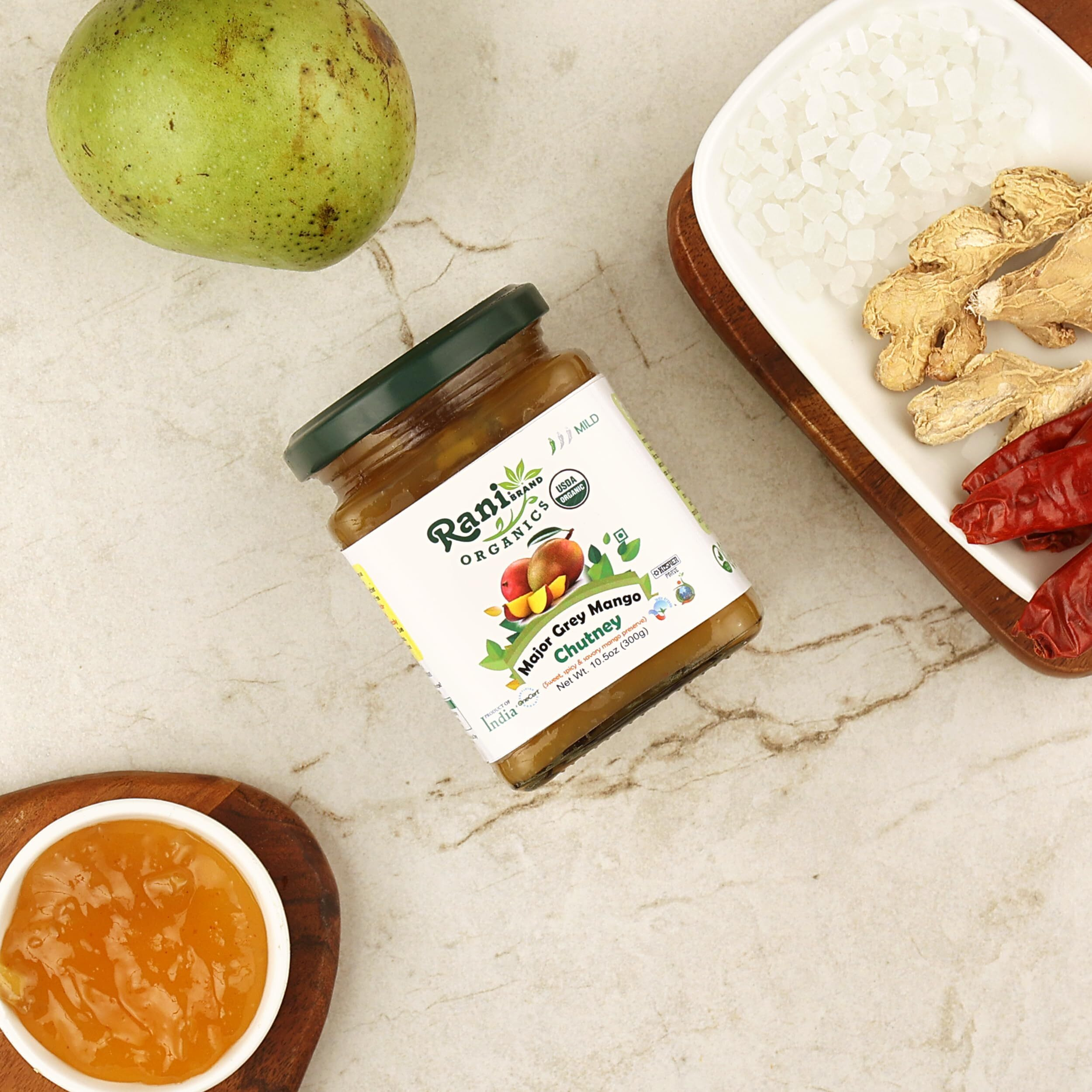 Rani Organic Major Grey Mango Chutney (Indian Preserve) 10.5oz (300g) Glass Jar, Ready to eat ~ All Natural, Vegan, Gluten Free, No Colors, NON-GMO, Indian Origin, USDA Certified Organic