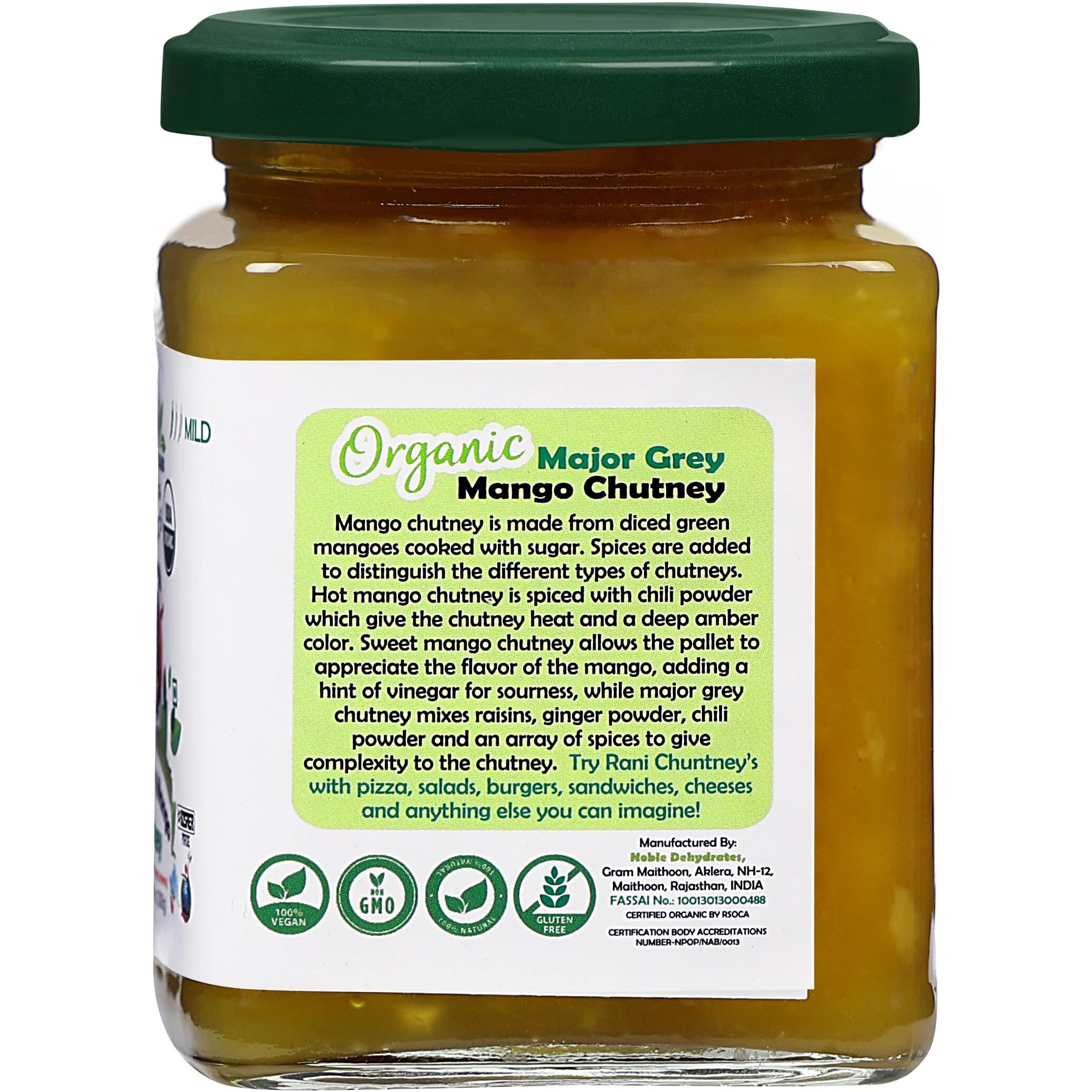 Rani Organic Major Grey Mango Chutney (Indian Preserve) 10.5oz (300g) Glass Jar, Ready to eat ~ All Natural, Vegan, Gluten Free, No Colors, NON-GMO, Indian Origin, USDA Certified Organic